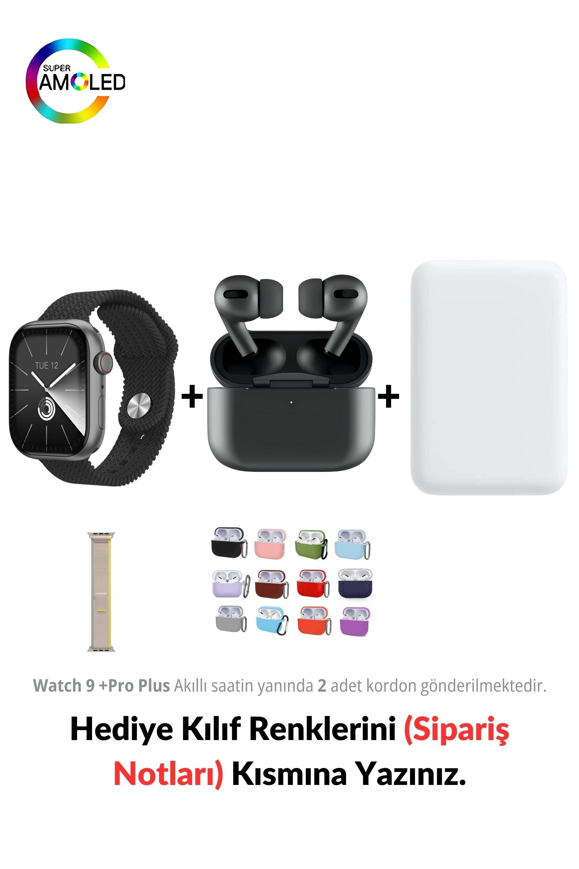 Watch 9 +Pro Plus HK 45mm & MagSafe Battery Pack & 2. Nesil Air Pro Pre Bluetooth Kulaklık Aktif Gürültü Engelleme Ve Şeffaf Mod (Black Edition)