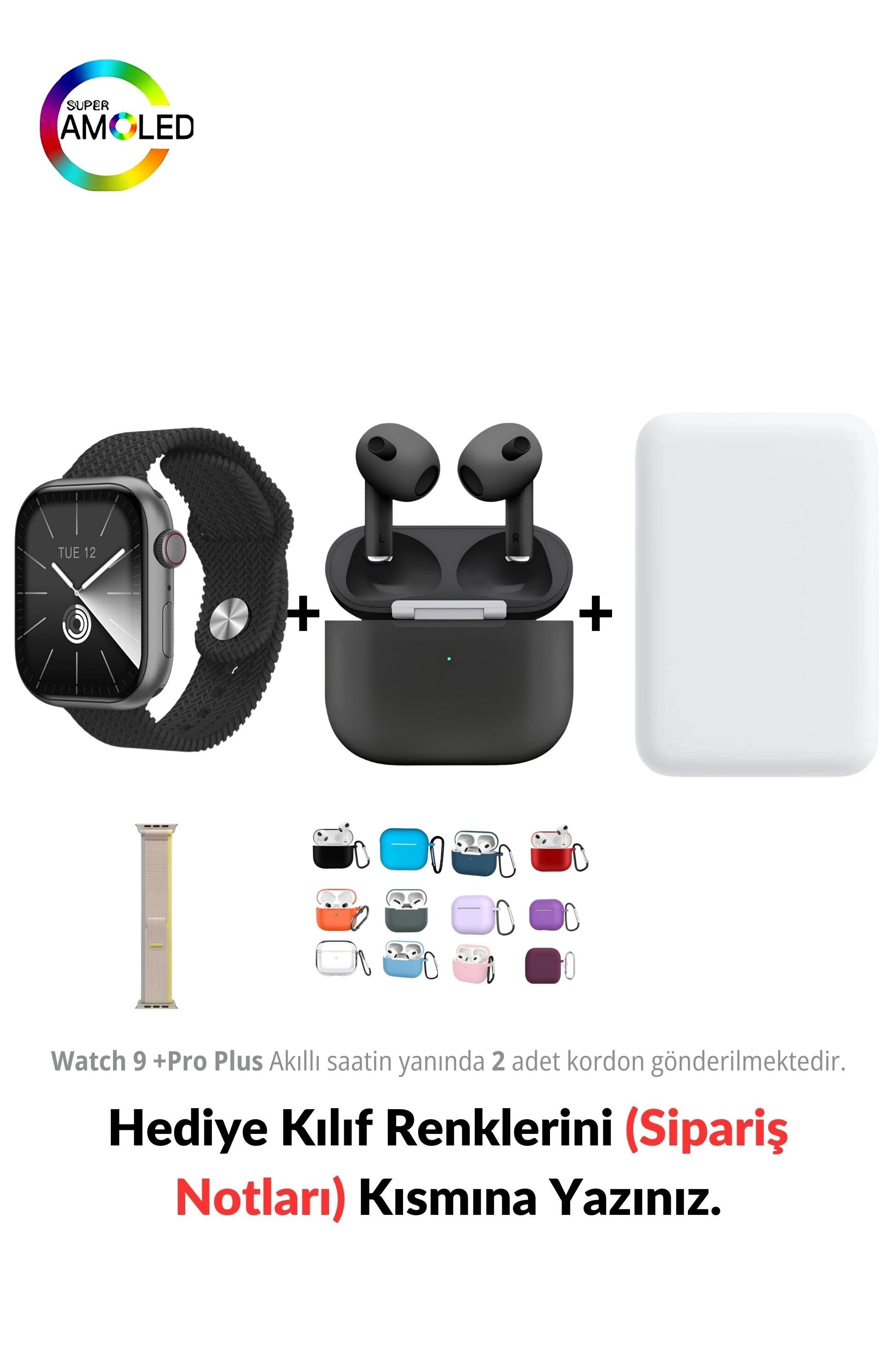 Watch 9 +Pro Plus HK 45mm & MagSafe Battery Pack & 3. Nesil Air Bluetooth Kulaklık (Black Edition)