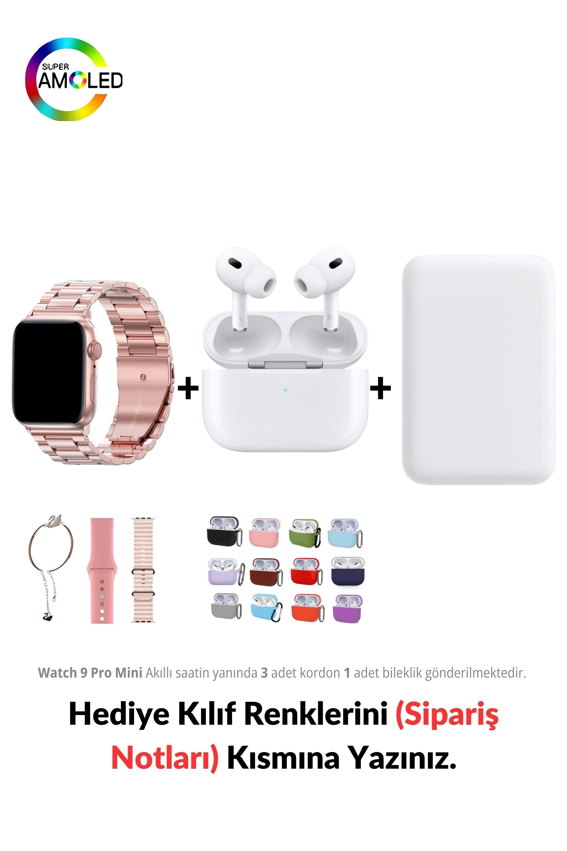 Watch 9 Mini Pro 41 mm Akıllı Saat & MagSafe Battery Pack & 2. Nesil Air Pro Pre Bluetooth Kulaklık Aktif Gürültü Engelleme Ve Şeffaf Mod - Altın Renk (Pembe)