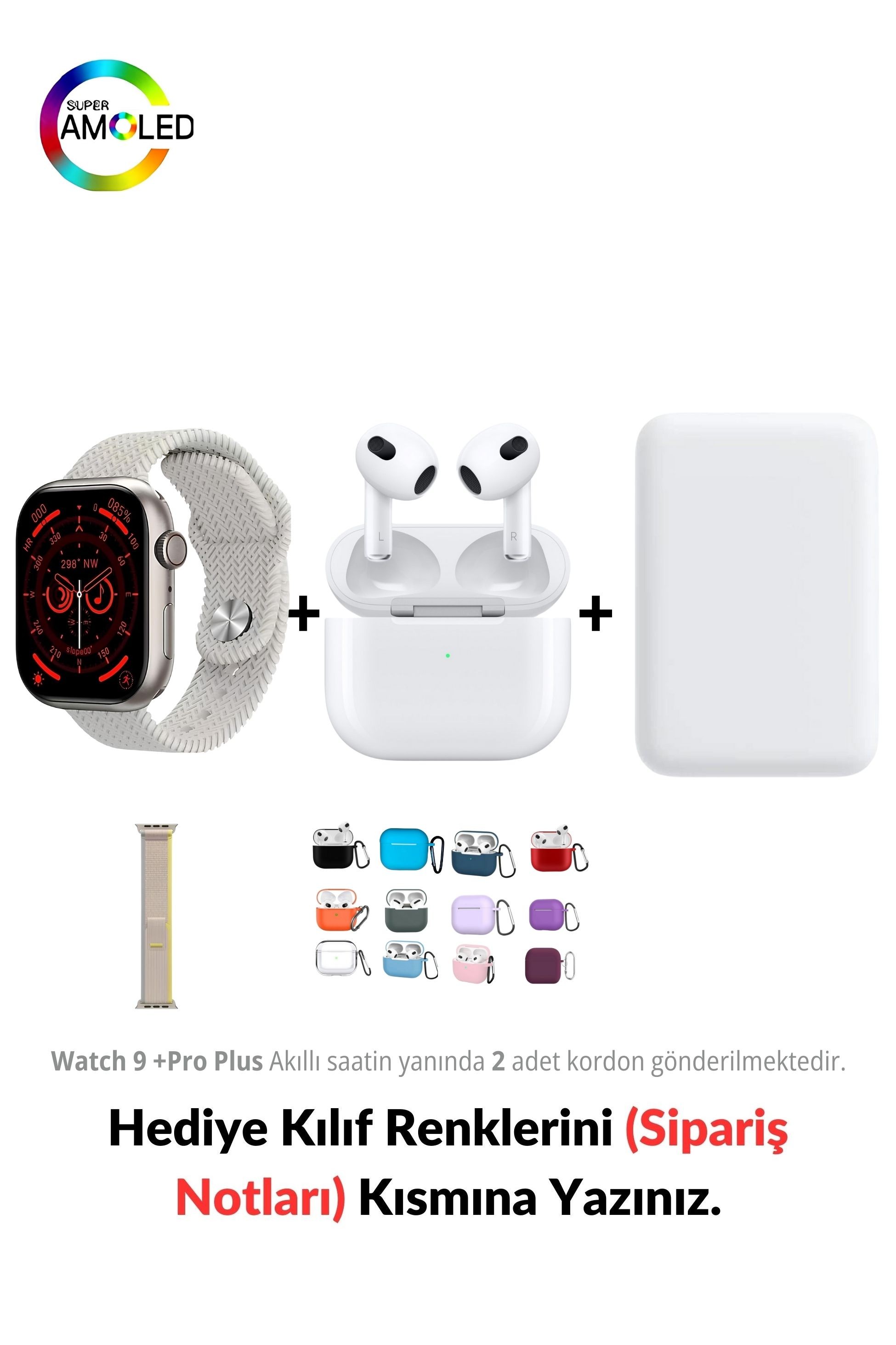 Watch  9 +Pro Plus HK 45mm Akıllı Saat & MagSafe Battery Pack & 3. Nesil Air Bluetooth Kulaklık - Yıldız Işığı