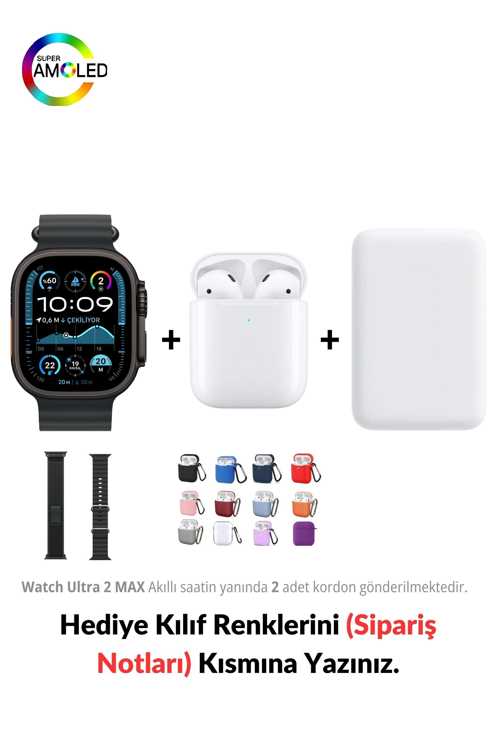 Watch ULTRA 2 MAX HK+ 49mm Akıllı Saat & MagSafe Battery Pack & 2. Nesil Air Bluetooth Kulaklık - Uzay Grisi