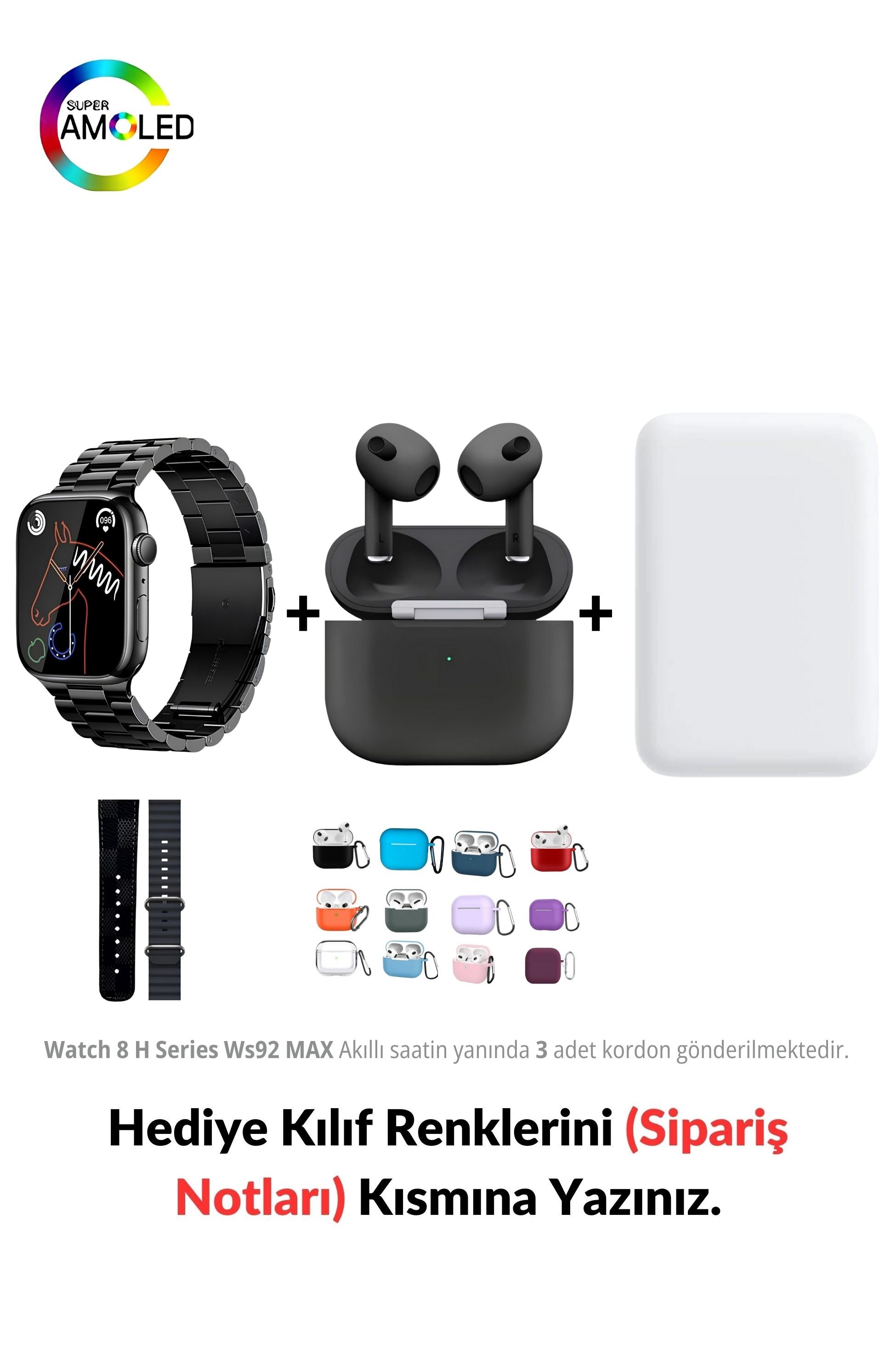 Watch 8 H Serisi Ws92 MAX & MagSafe Battery Pack & 3. Nesil Air Bluetooth Kulaklık (Black Edition)