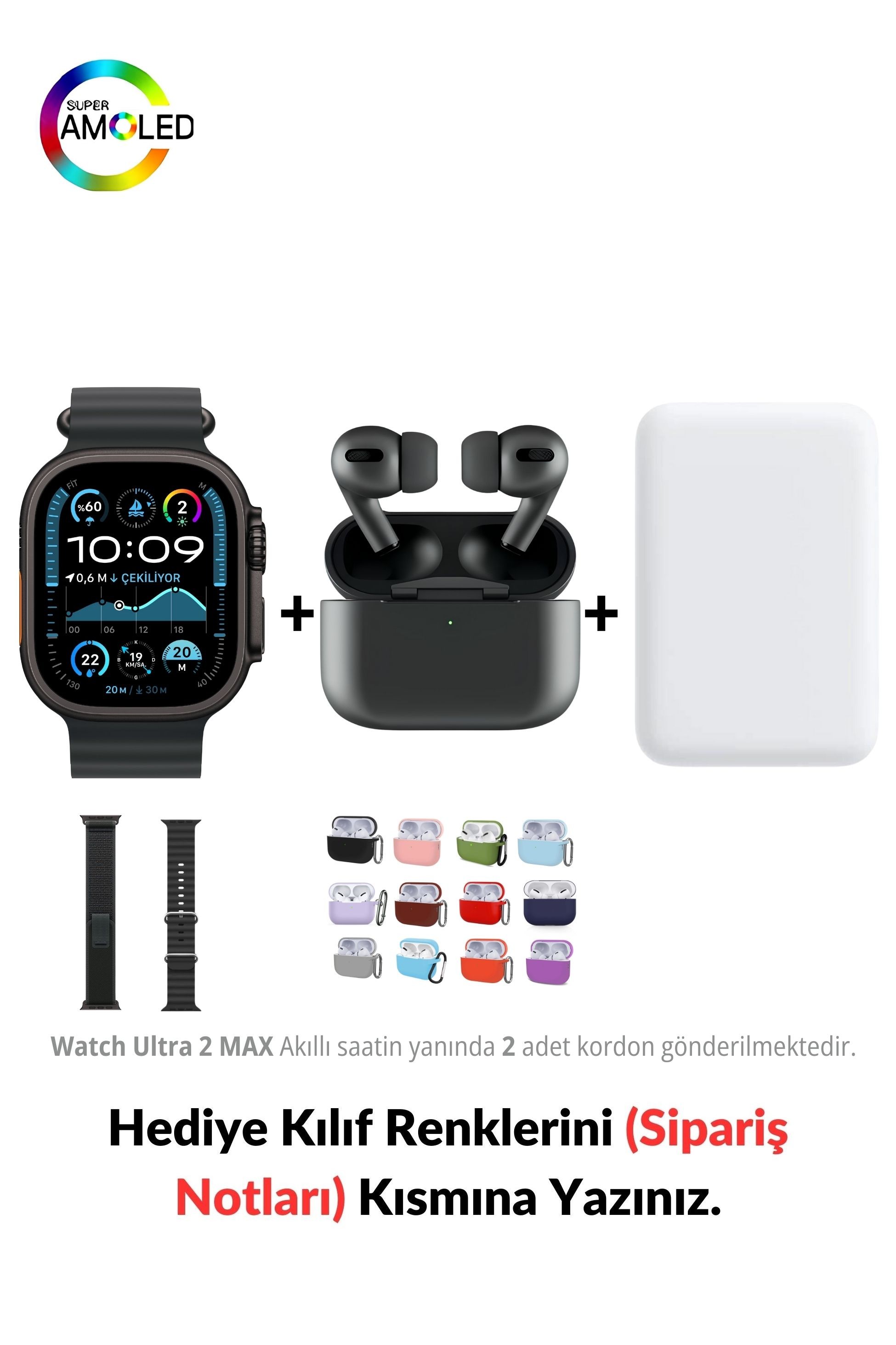 Watch ULTRA 2 MAX HK+ 49mm & MagSafe Battery Pack & 2. Nesil Air Pro Pre Bluetooth Kulaklık Aktif Gürültü Engelleme Ve Şeffaf Mod (Black Edition)