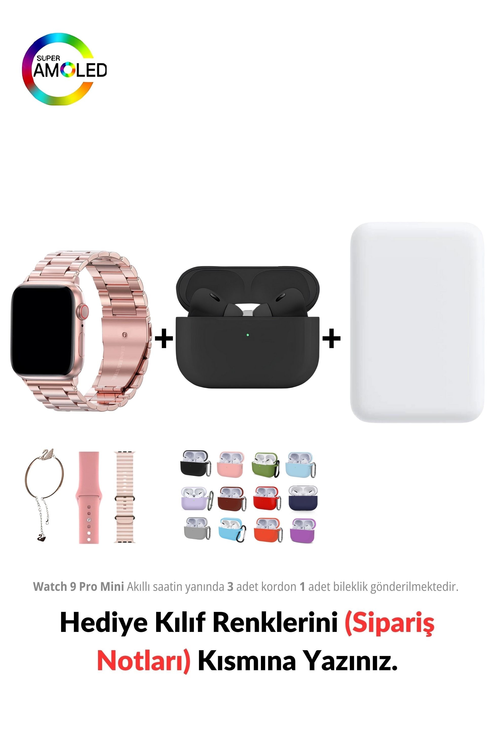 Watch 9 Mini Pro 41 mm Akıllı Saat & MagSafe Battery Pack & 1. Nesil Air Pro Pre Bluetooth Kulaklık Aktif Gürültü Engelleme Ve Şeffaf Mod (Black Edition)