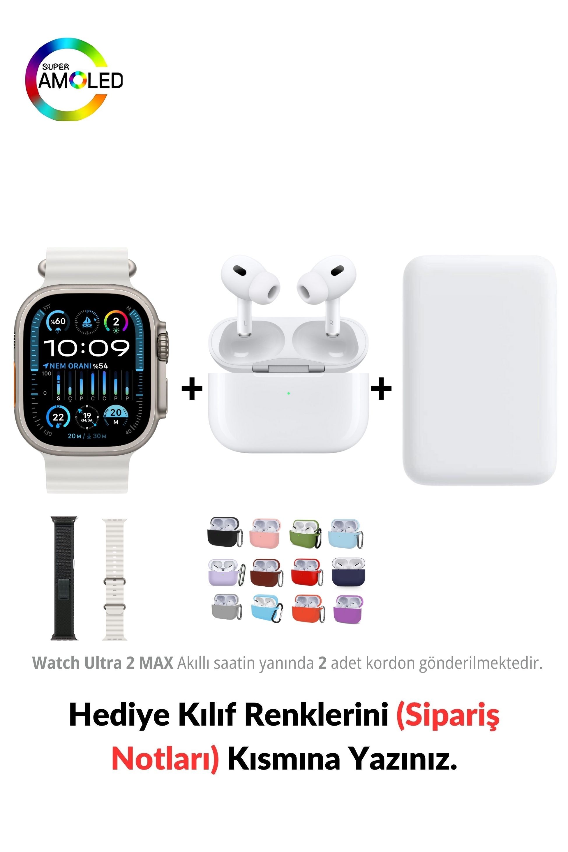 Watch ULTRA 2 MAX HK+ 49mm Akıllı Saat & MagSafe Battery Pack & 2. Nesil Air Pro Pre Bluetooth Kulaklık Aktif Gürültü Engelleme Ve Şeffaf Mod - Yıldız Işığı