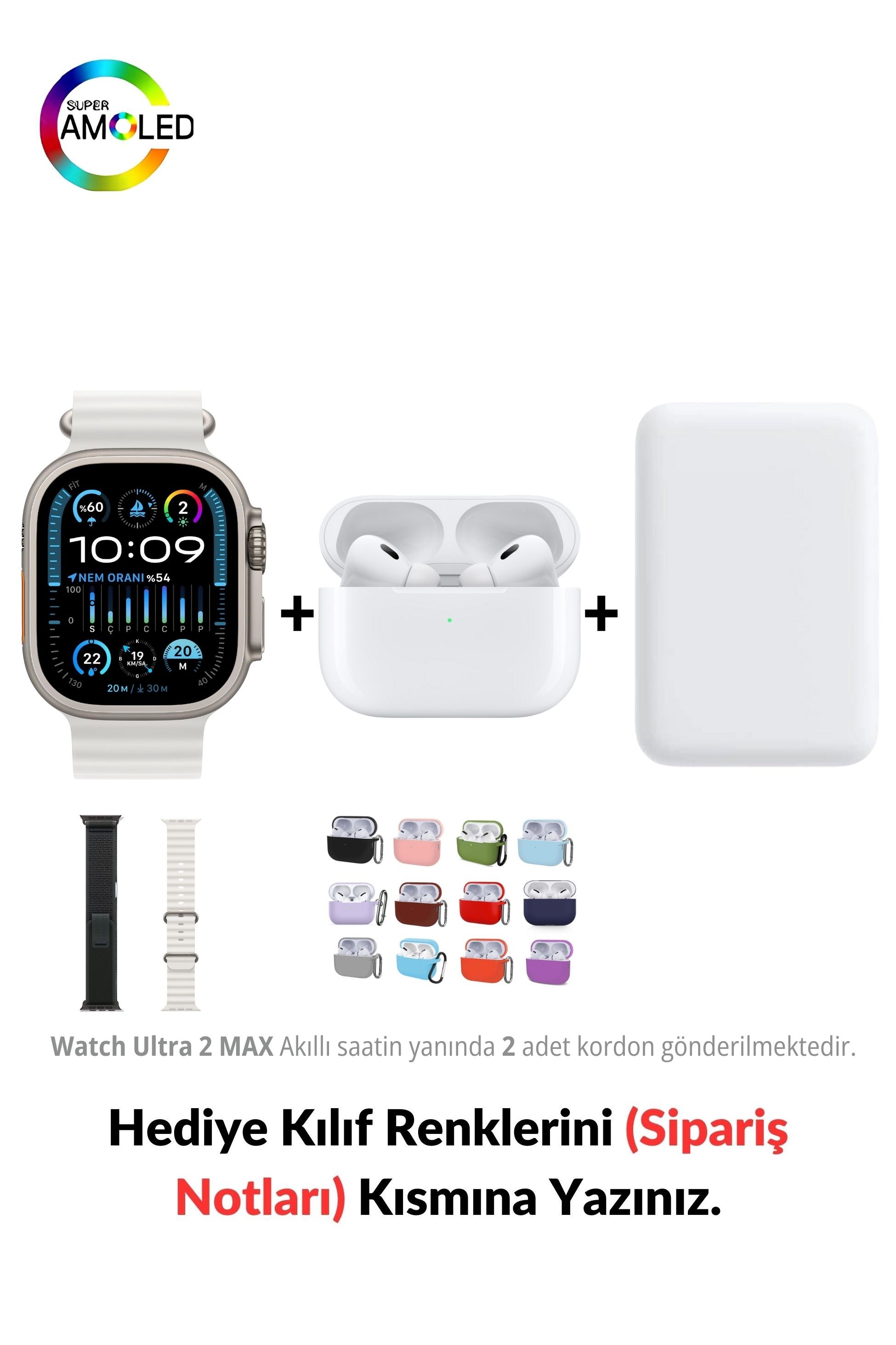 Watch ULTRA 2 MAX HK+ 49mm Akıllı Saat & MagSafe Battery Pack & 1. Nesil Air Pro Pre Bluetooth Kulaklık Aktif Gürültü Engelleme Ve Şeffaf Mod - Yıldız Işığı