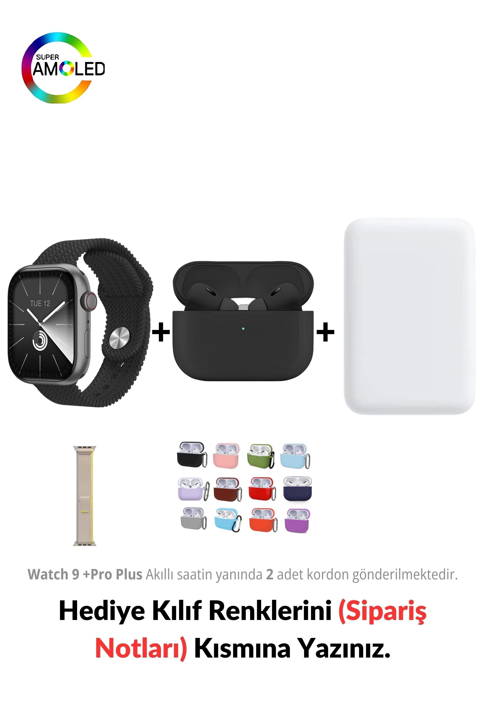 Watch 9 +Pro Plus HK 45mm & MagSafe Battery Pack & 1. Nesil Air Pro Pre Bluetooth Kulaklık Aktif Gürültü Engelleme Ve Şeffaf Mod (Black Edition)