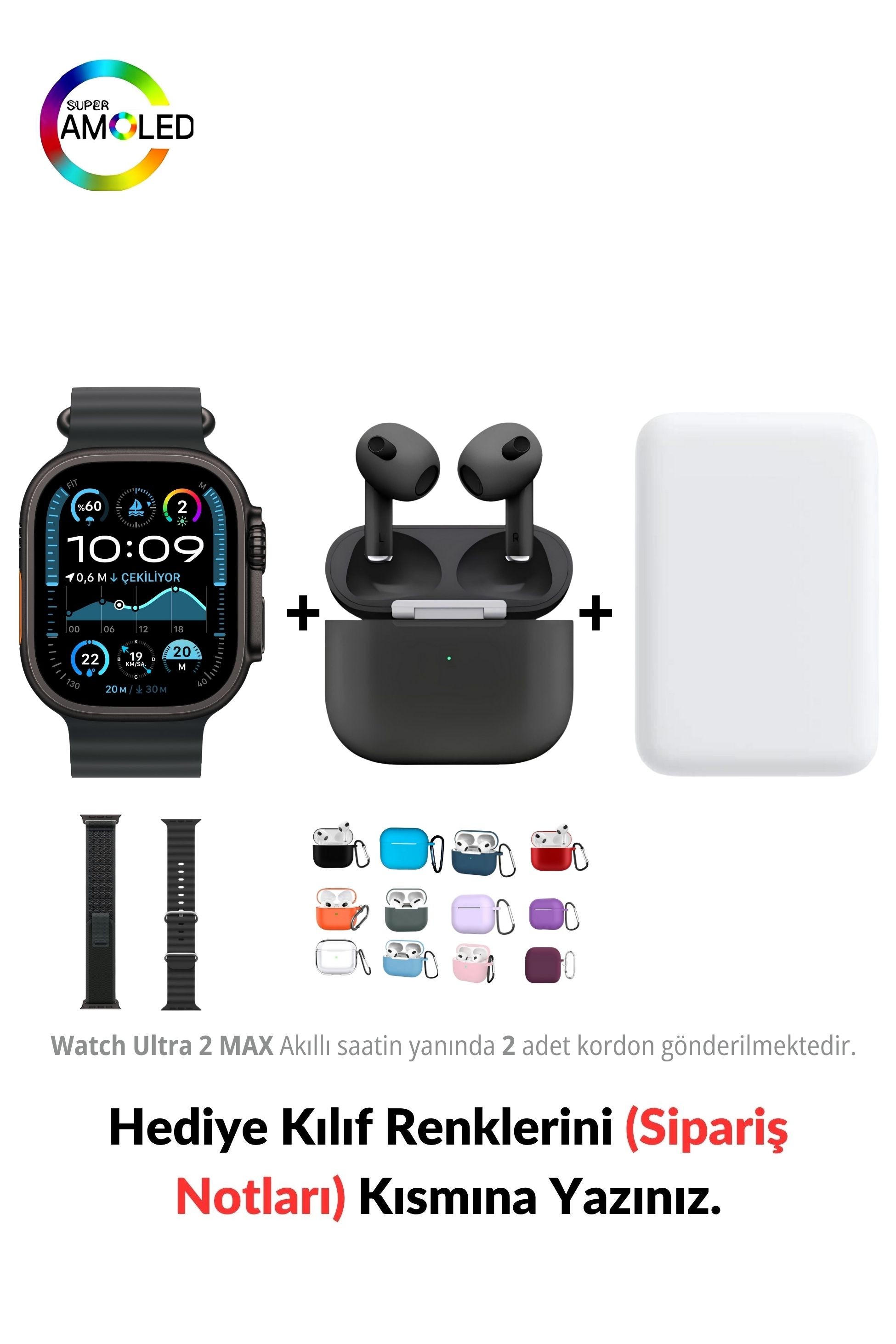 Watch ULTRA 2 MAX HK+ 49mm & MagSafe Battery Pack & 3. Nesil Air Bluetooth Kulaklık (Black Edition)