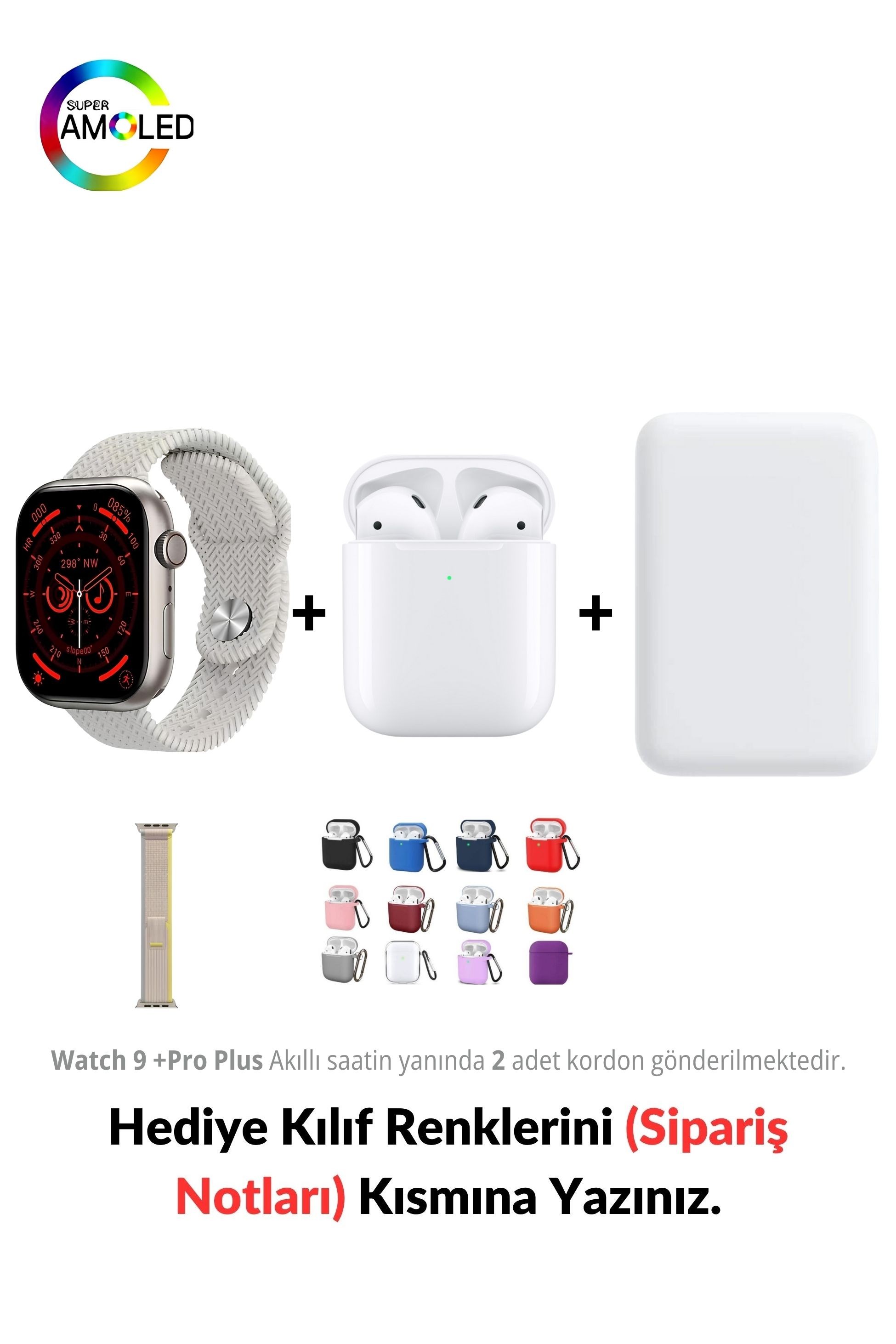 Watch 9 +Pro Plus HK 45mm Akıllı Saat & MagSafe Battery Pack & 2. Nesil Air Bluetooth Kulaklık - Yıldız Işığı