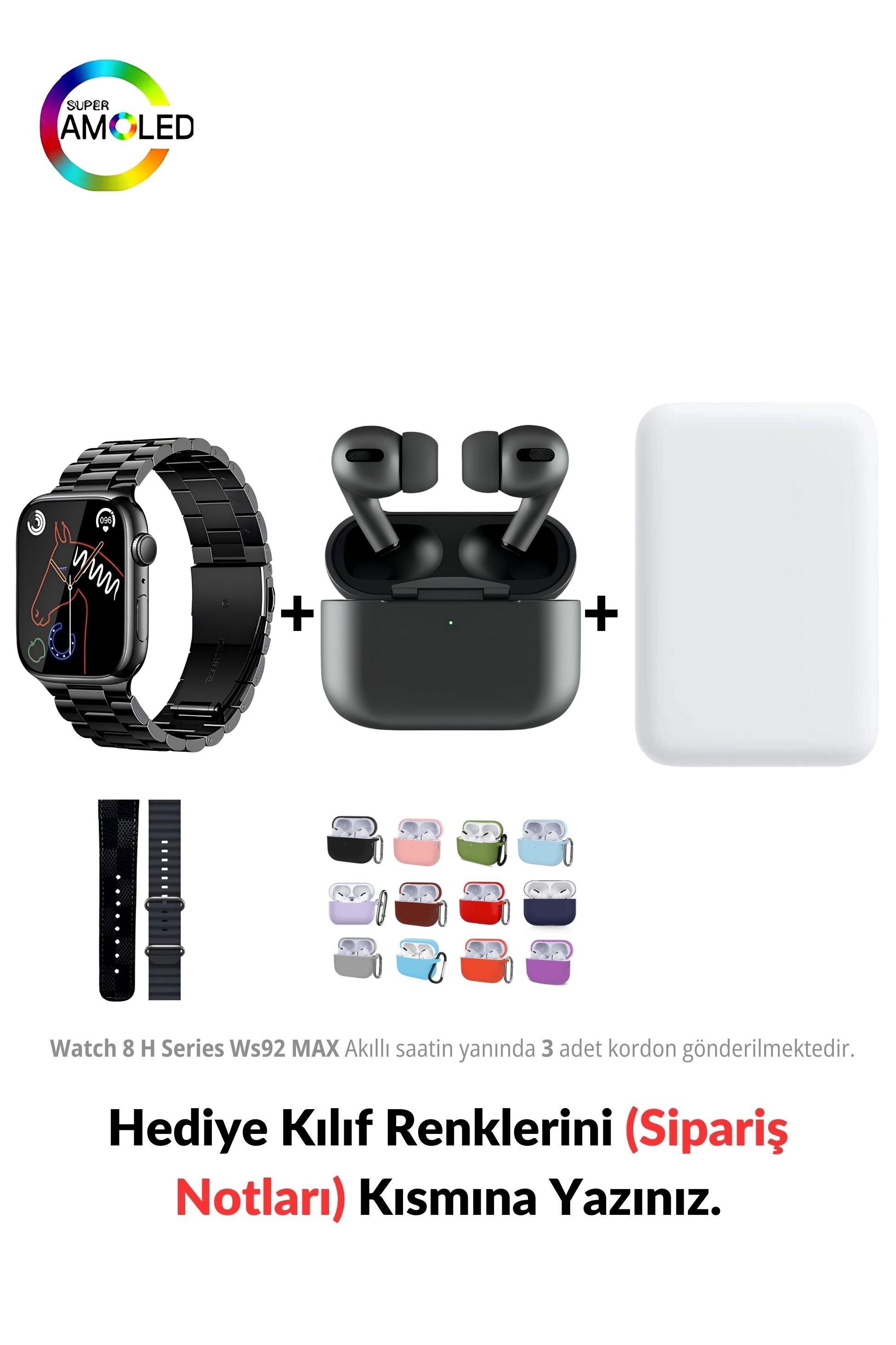 Watch 8 H Serisi Ws92 MAX & MagSafe Battery Pack & 2. Nesil Air Pro Pre Bluetooth Kulaklık Aktif Gürültü Engelleme Ve Şeffaf Mod (Black Edition)