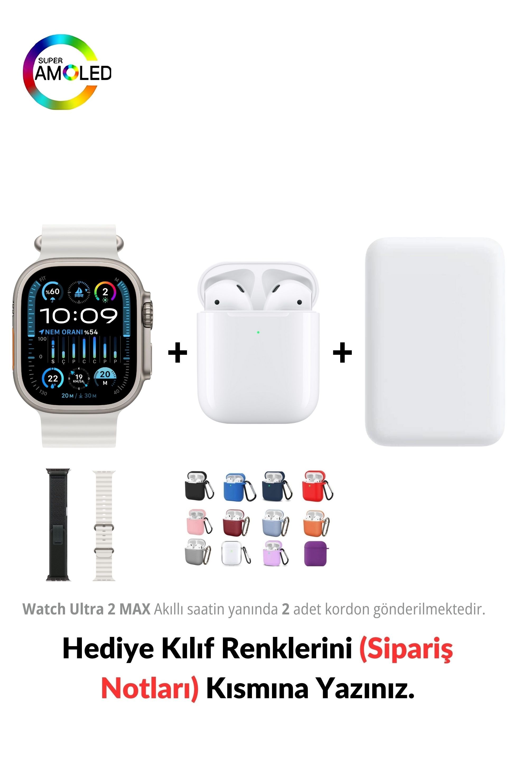 Watch ULTRA 2 MAX HK+ 49mm Akıllı Saat & MagSafe Battery Pack & 2. Nesil Air Bluetooth Kulaklık - Yıldız Işığı