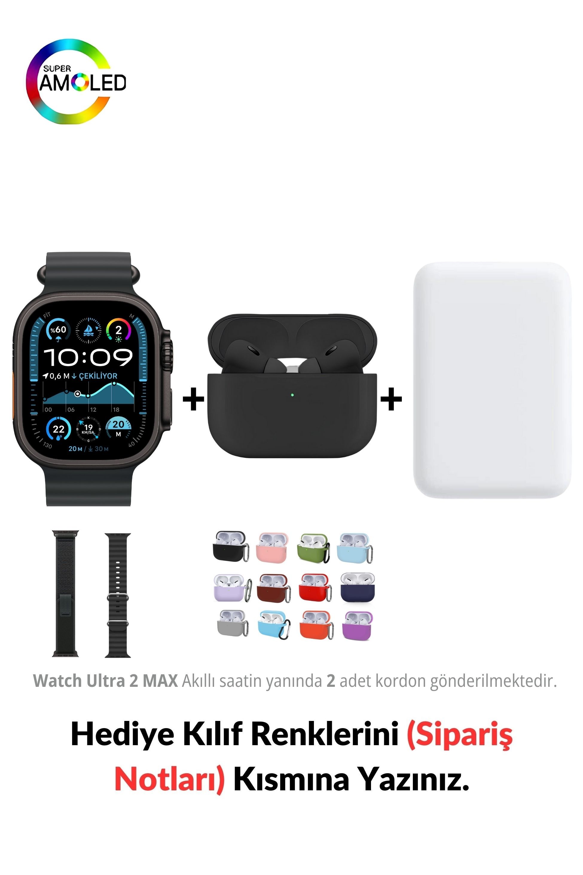 Watch ULTRA 2 MAX HK+ 49mm & MagSafe Battery Pack & 1. Nesil Air Pro Pre Bluetooth Kulaklık Aktif Gürültü Engelleme Ve Şeffaf Mod (Black Edition)