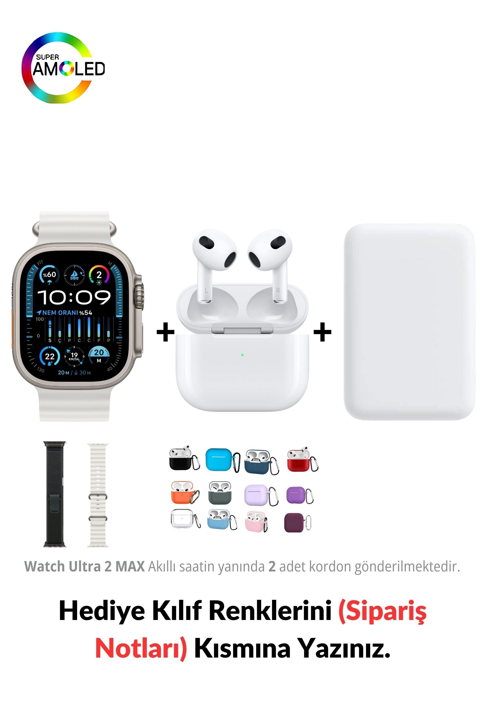 Watch ULTRA 2 MAX HK+ 49mm Akıllı Saat & MagSafe Battery Pack & 3. Nesil Air Bluetooth Kulaklık - Yıldız Işığı