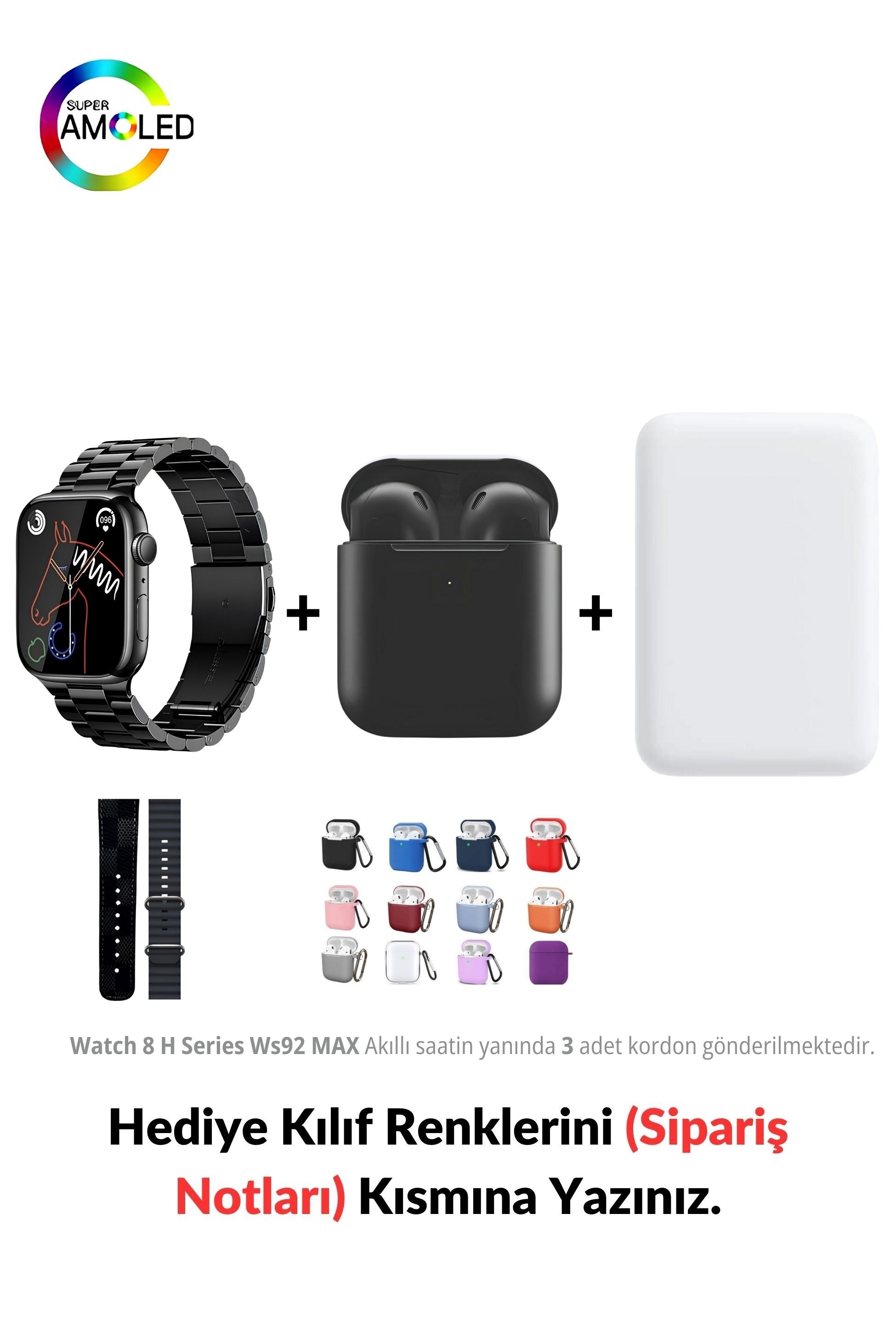 Watch 8 H Serisi Ws92 MAX & MagSafe Battery Pack & 2. Nesil Air Bluetooth Kulaklık (Black Edition)