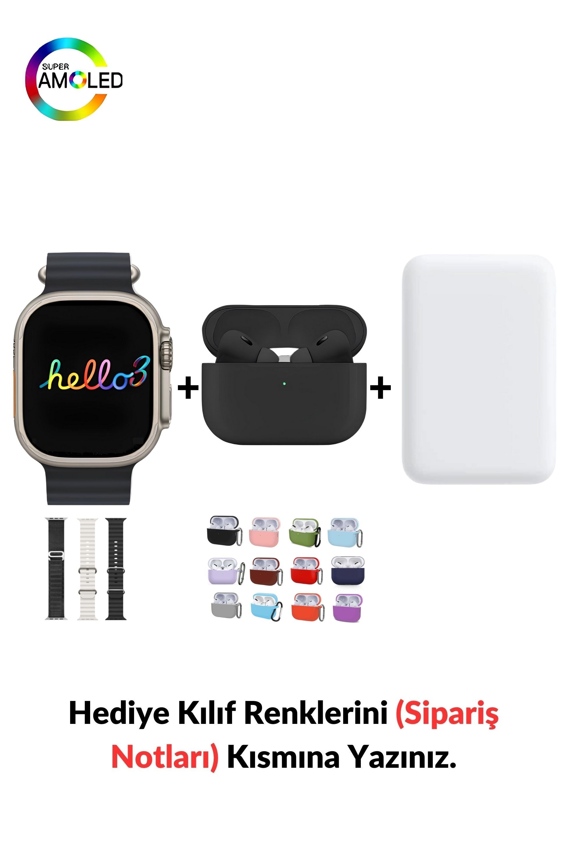 Watch ULTRA Hello 3 Plus+ & 1. Nesil Air Pro Pre Bluetooth Kulaklık Aktif Gürültü Engelleme Ve Şeffaf Mod (Black Edition)) & MagSafe Battery Pack