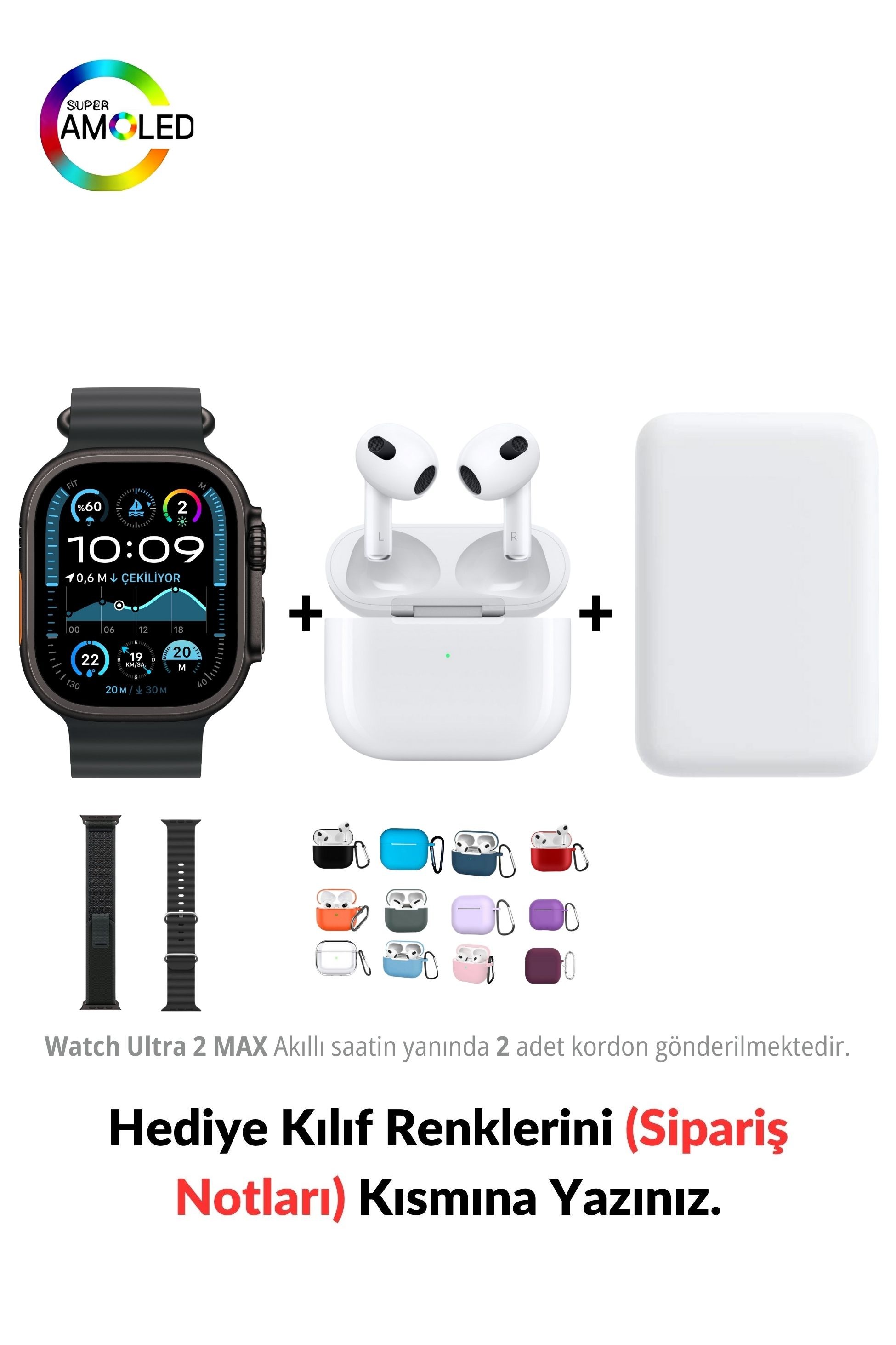 Watch ULTRA 2 MAX HK+ 49mm Akıllı Saat & MagSafe Battery Pack & 3. Nesil Air Bluetooth Kulaklık - Uzay Grisi