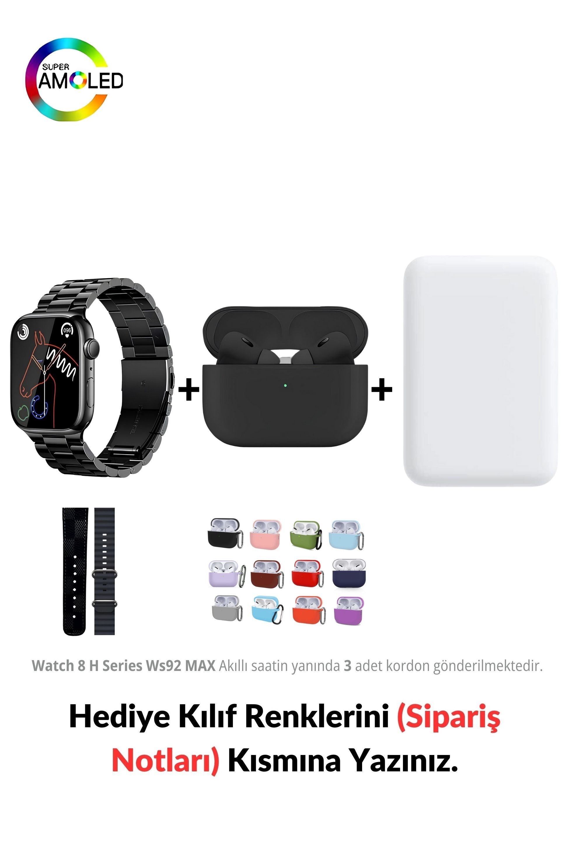 Watch 8 H Serisi Ws92 MAX & MagSafe Battery Pack & 1. Nesil Air Pro Pre Bluetooth Kulaklık Aktif Gürültü Engelleme Ve Şeffaf Mod (Black Edition)