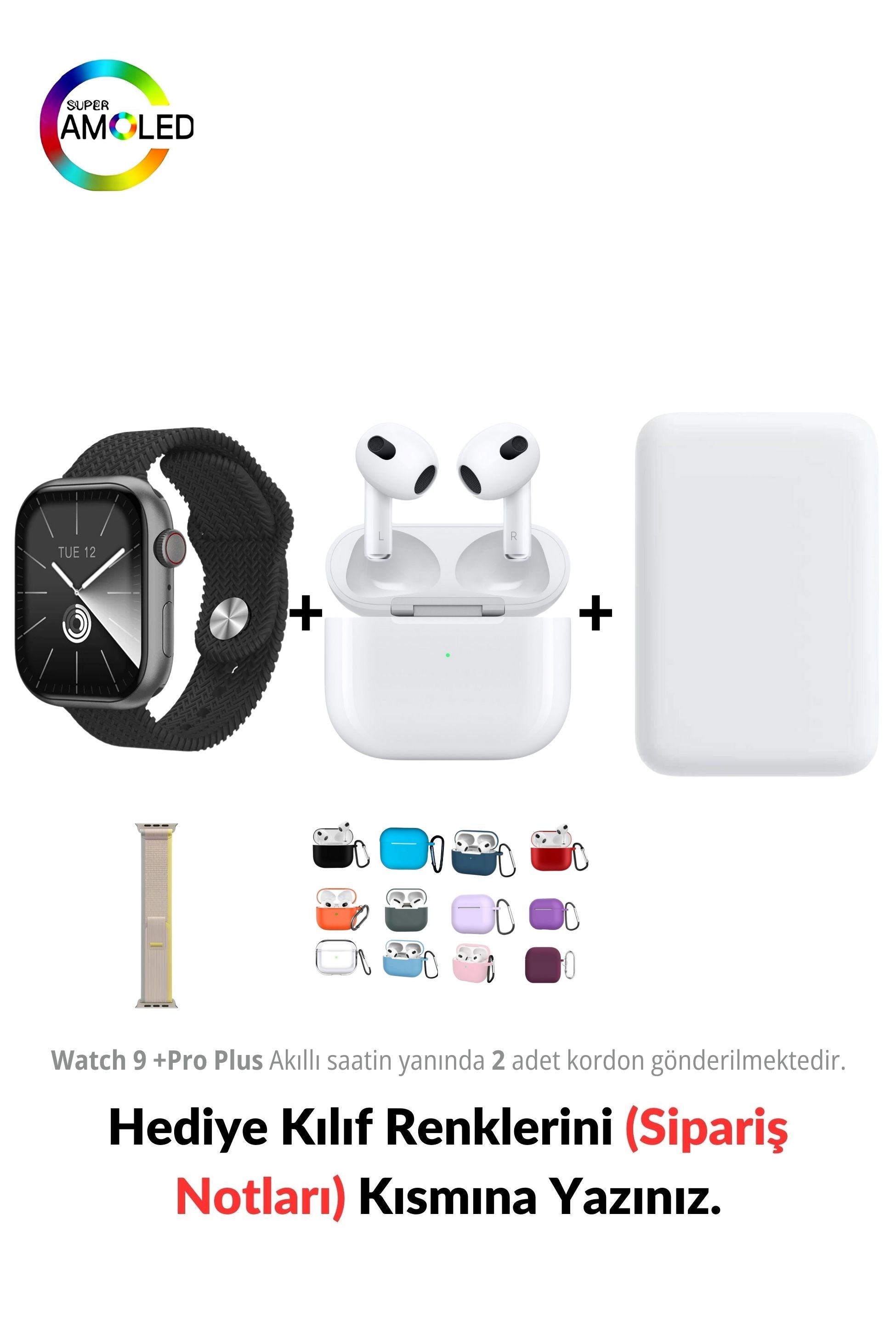 Watch  9 +Pro Plus HK 45mm Akıllı Saat & MagSafe Battery Pack & 3. Nesil Air Bluetooth Kulaklık - Uzay Girisi