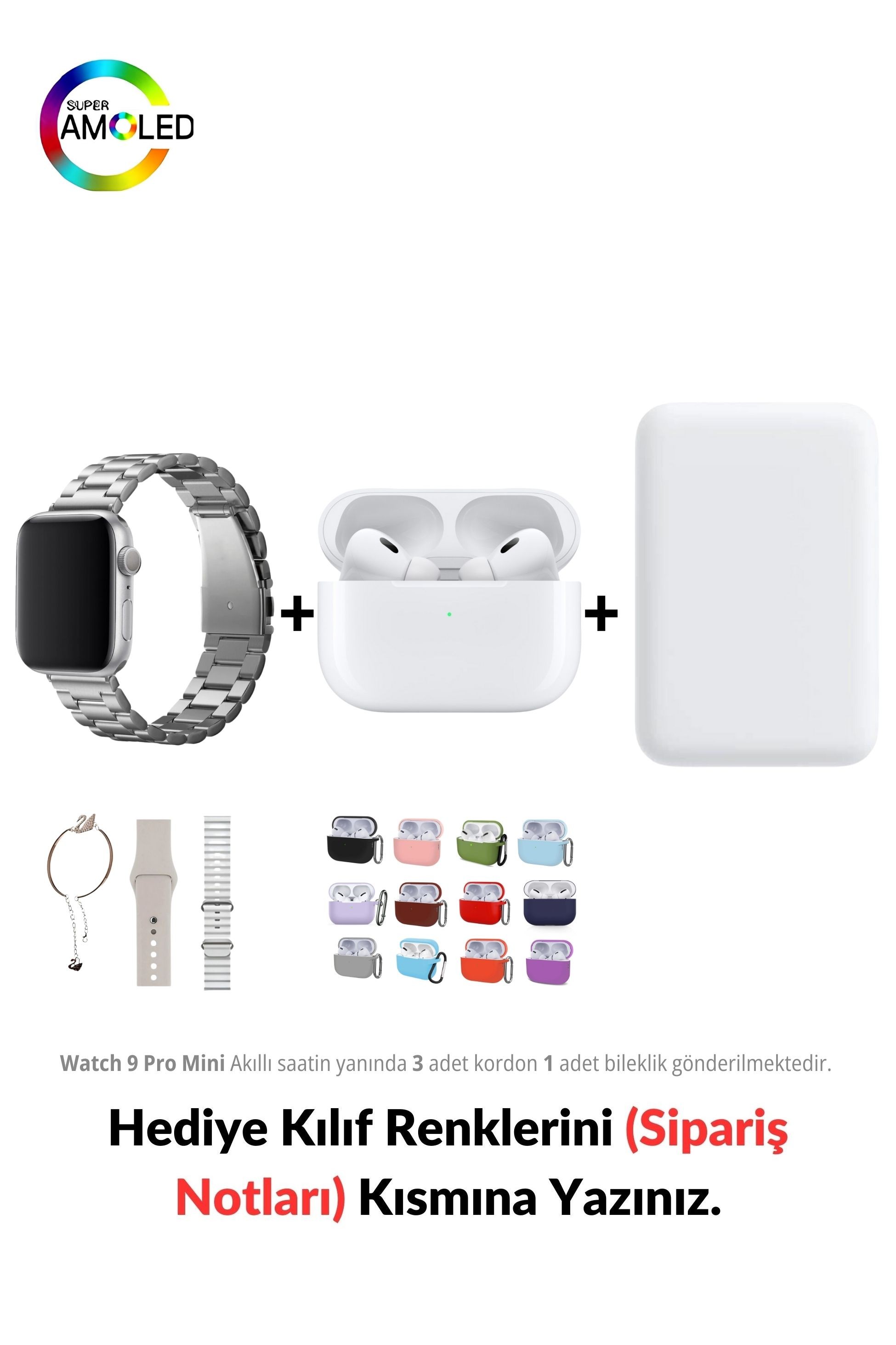 Watch 9 Mini Pro 41 mm Akıllı Saat & MagSafe Battery Pack & 1. Nesil Air Pro Pre Bluetooth Kulaklık Aktif Gürültü Engelleme Ve Şeffaf Mod - Gümüş Renk (Gri)