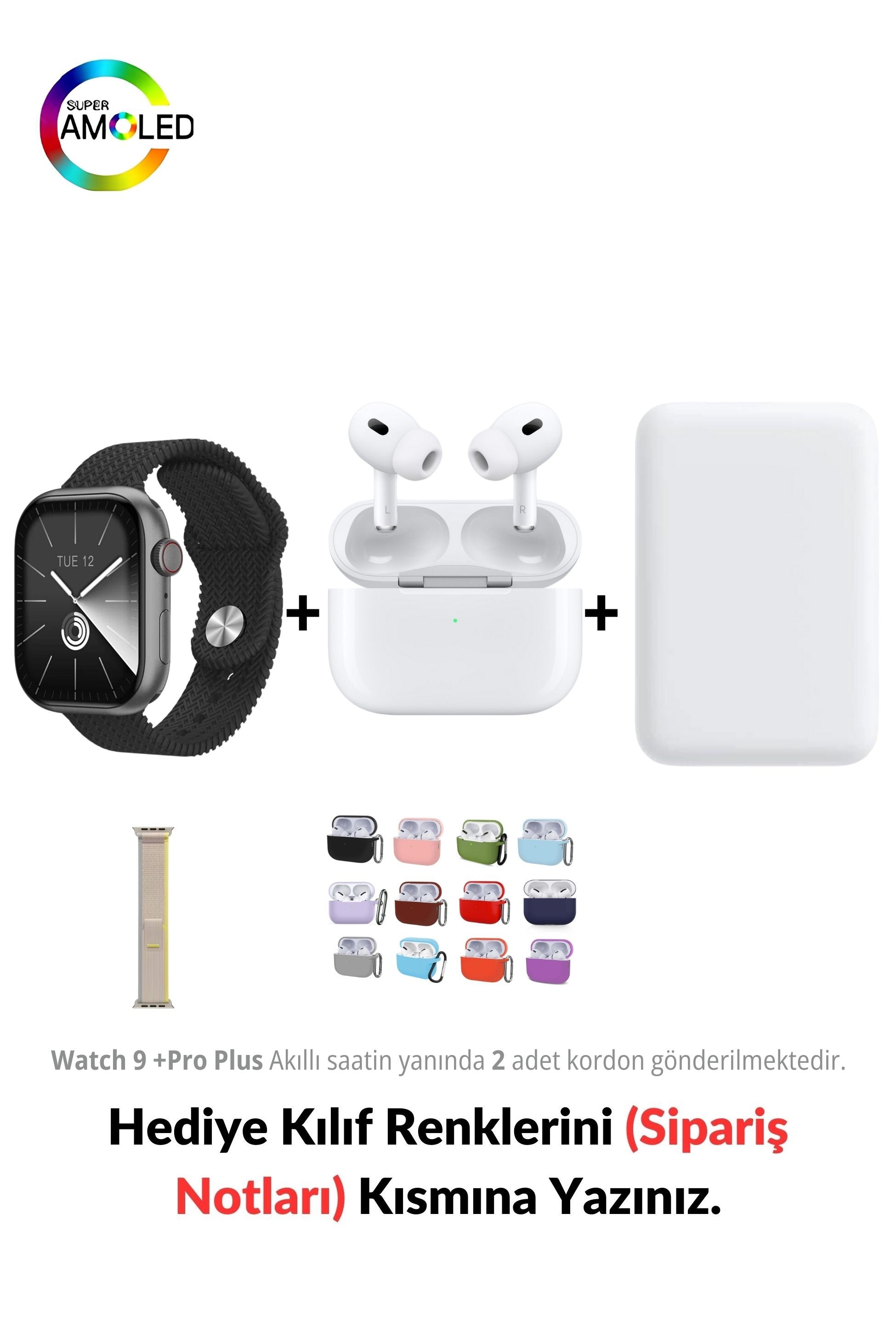 Watch  9 +Pro Plus HK 45mm Akıllı Saat & MagSafe Battery Pack & 2. Nesil Air Pro Pre Bluetooth Kulaklık Aktif Gürültü Engelleme Ve Şeffaf Mod - Yıldız Işığı