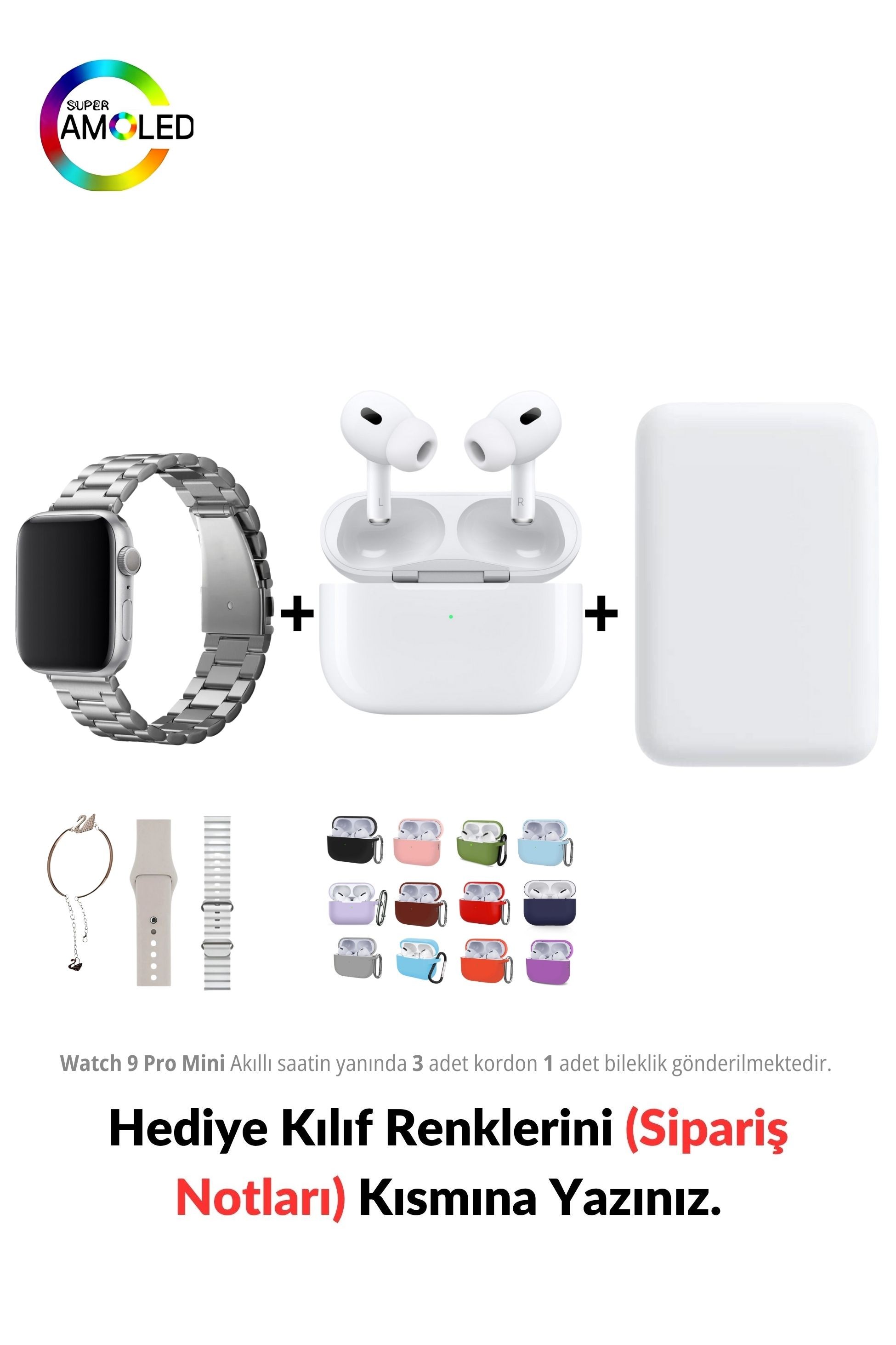 Watch 9 Mini Pro 41 mm Akıllı Saat & MagSafe Battery Pack & 2. Nesil Air Pro Pre Bluetooth Kulaklık Aktif Gürültü Engelleme Ve Şeffaf Mod - Gümüş Renk (Gri)