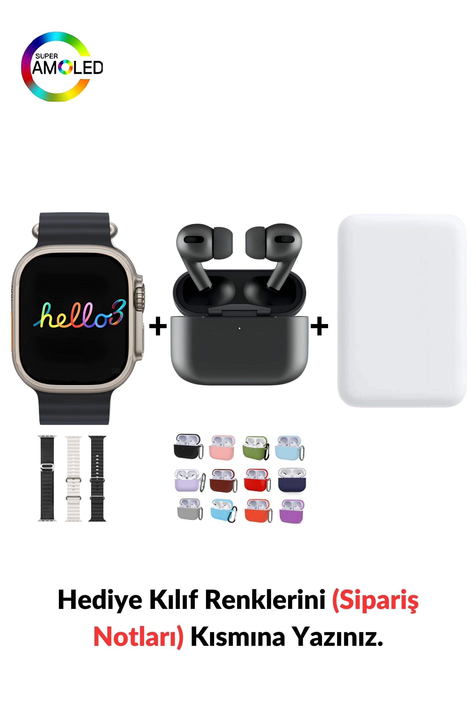 Watch ULTRA Hello 3 Plus+ & 2. Nesil Air Pro Pre Bluetooth Kulaklık Aktif Gürültü Engelleme Ve Şeffaf Mod (Black Edition)) & MagSafe Battery Pack