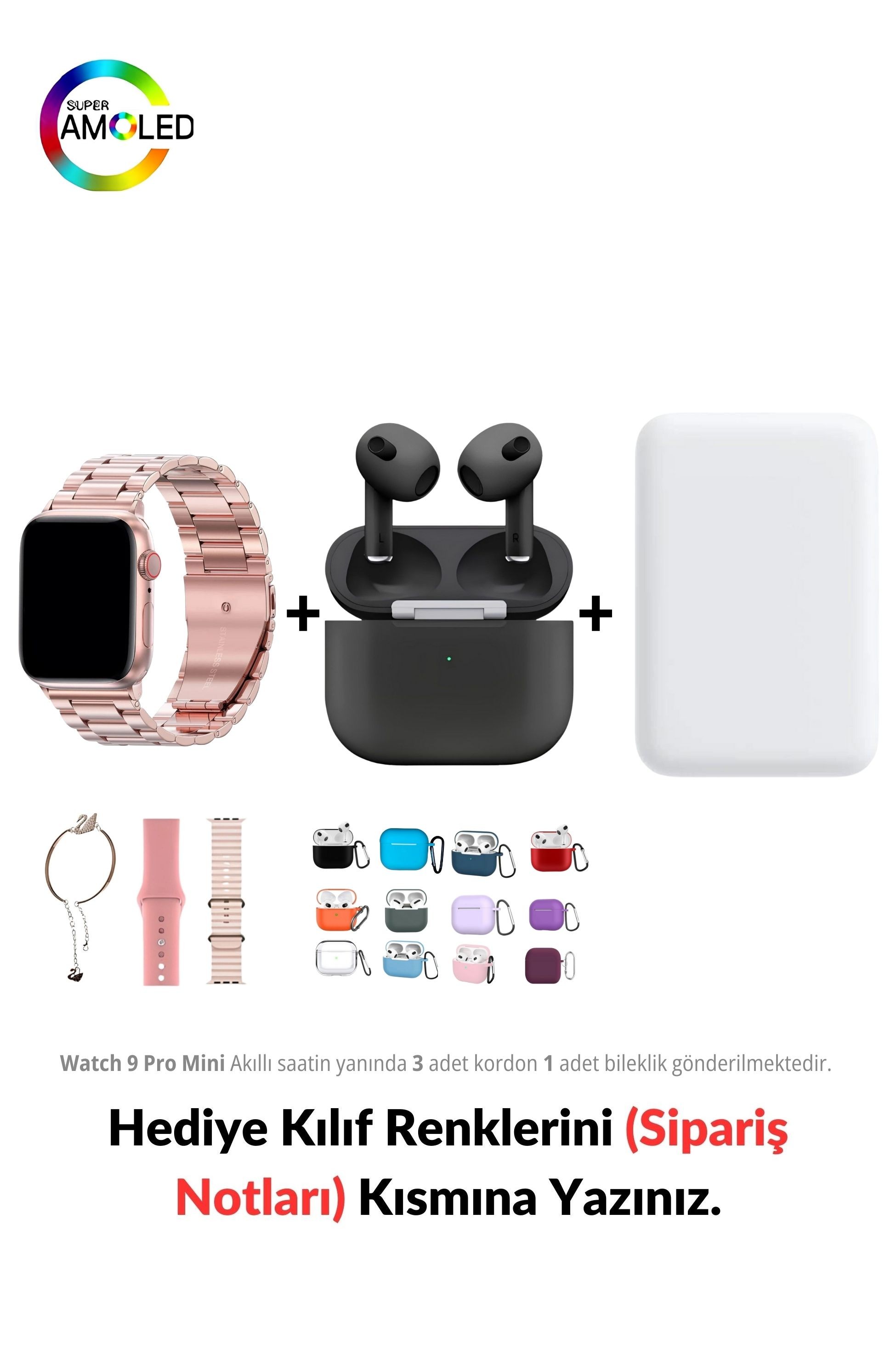 Watch 9 Mini Pro 41 mm Akıllı Saat & MagSafe Battery Pack & 3. Nesil Air Bluetooth Kulaklık (Black Edition)