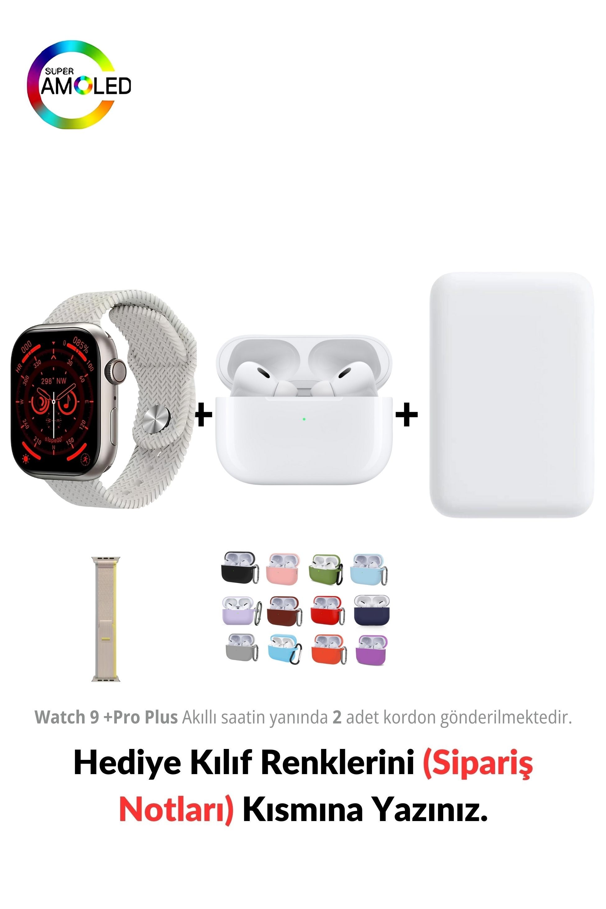 Watch  9 +Pro Plus HK 45mm Akıllı Saat & MagSafe Battery Pack & 1. Nesil Air Pro Pre Bluetooth Kulaklık Aktif Gürültü Engelleme Ve Şeffaf Mod - Yıldız Işığı