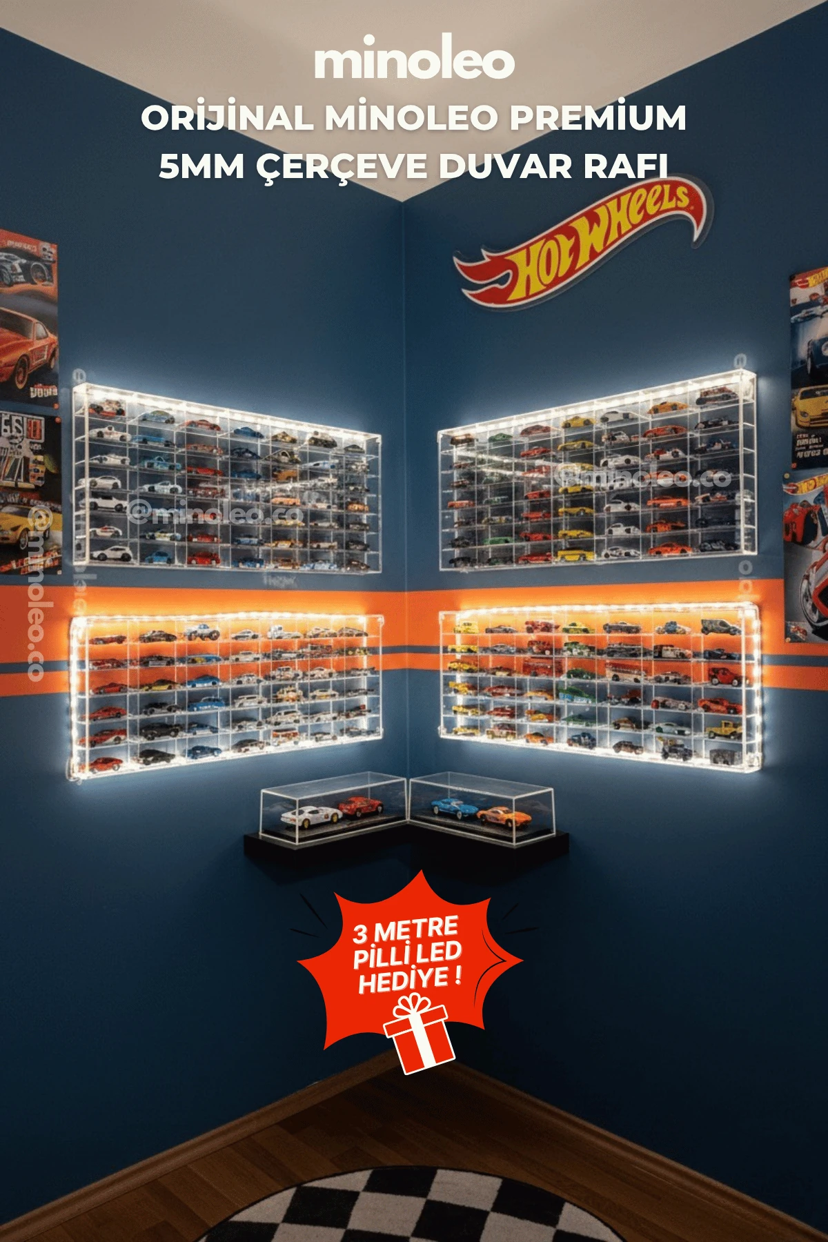 HOT WHEELS  PLEKSİ KAPAKLI DUVAR ARABA RAFI – MİNOLEO 49’LUK ORİJİNAL PREMIUM SERİ (5MM ÇERÇEVELİ) Led Hediyeli 