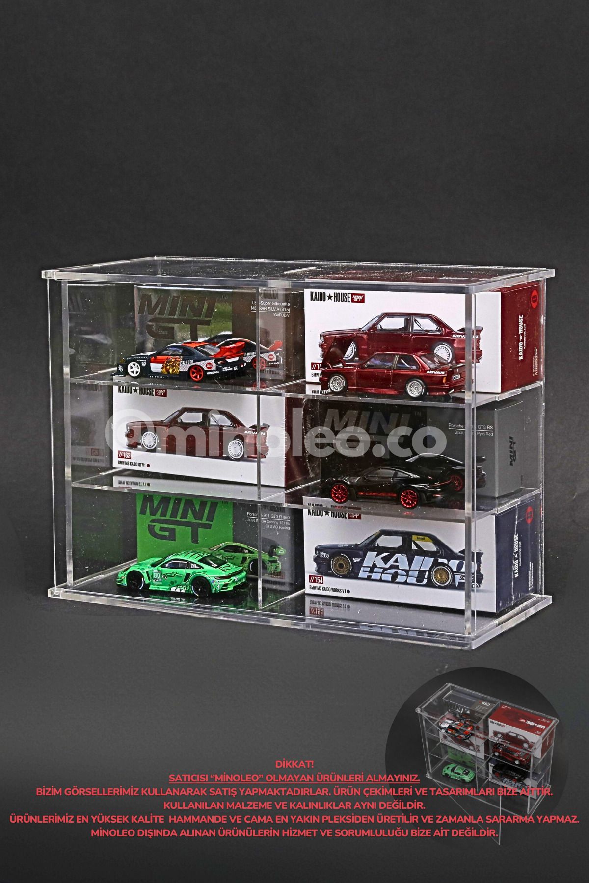 6 Kapasiteli MiniGT Ön Araç Koyulan Kapaklı Pleksi Rafı