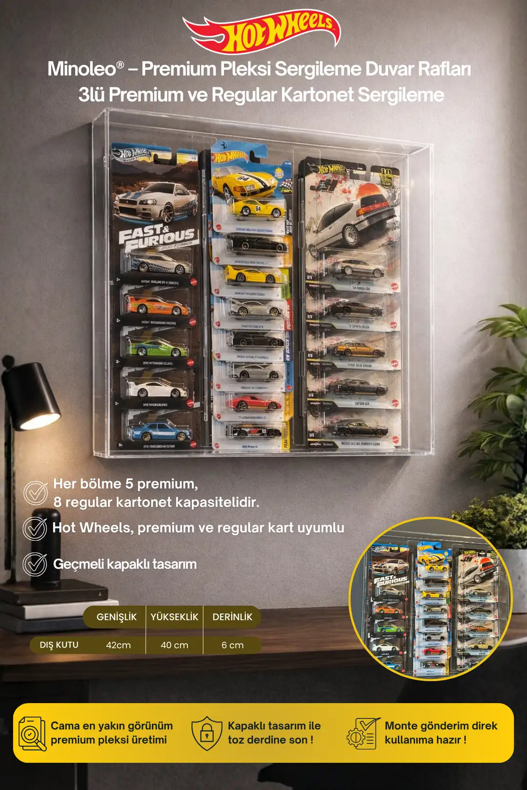 3’lü Kapaklı Pleksi Duvar Rafı – Hot Wheels Kartonetli Uyumlu – Premium Sergileme Rafı