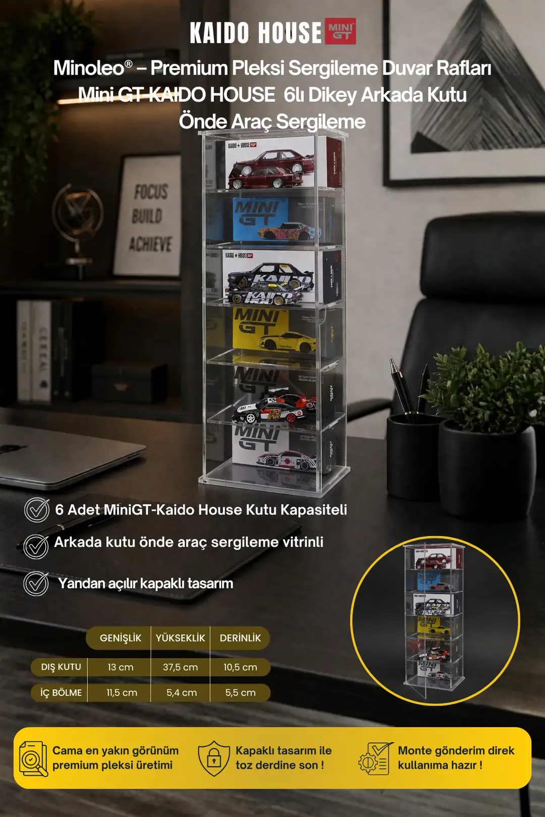 6’lı Kapaklı Pleksi Duvar Rafı – Mini GT / Kaido House (Dikey) – Araç + Kutu Sergileme