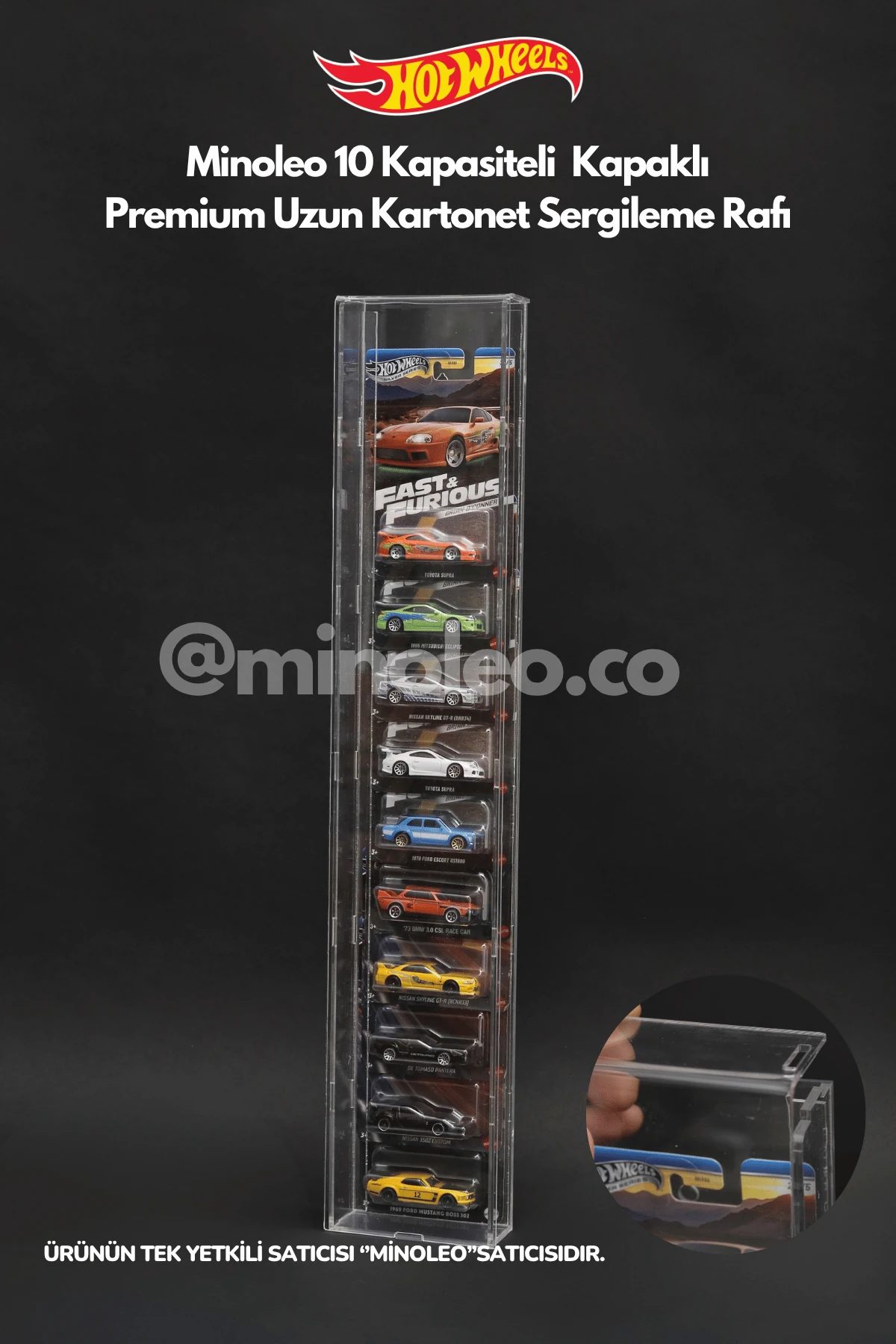10’lu Kapaklı Pleksi Hot Wheels Premium Uzun Kartonet Dikey Araç Sergileme Duvar Rafı