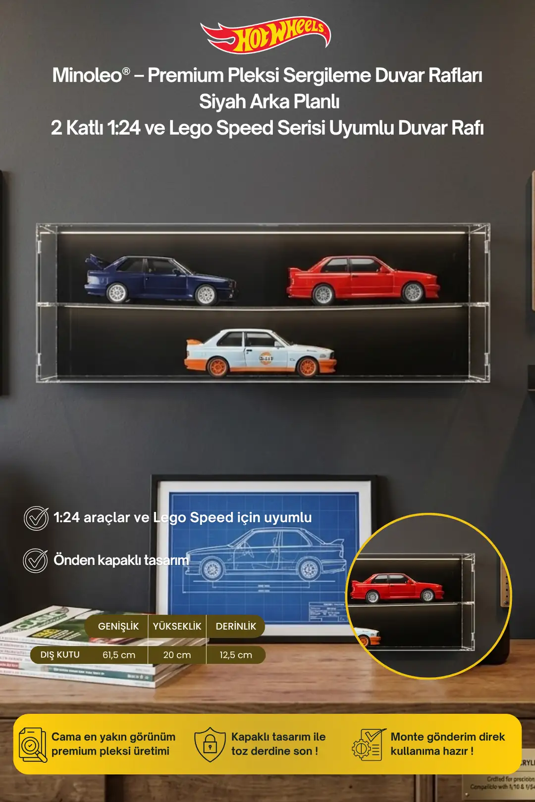 2’li Kapaklı Pleksi Duvar Rafı – 1:24 Ölçek & Lego Speed Uyumlu – Premium Sergileme Rafı