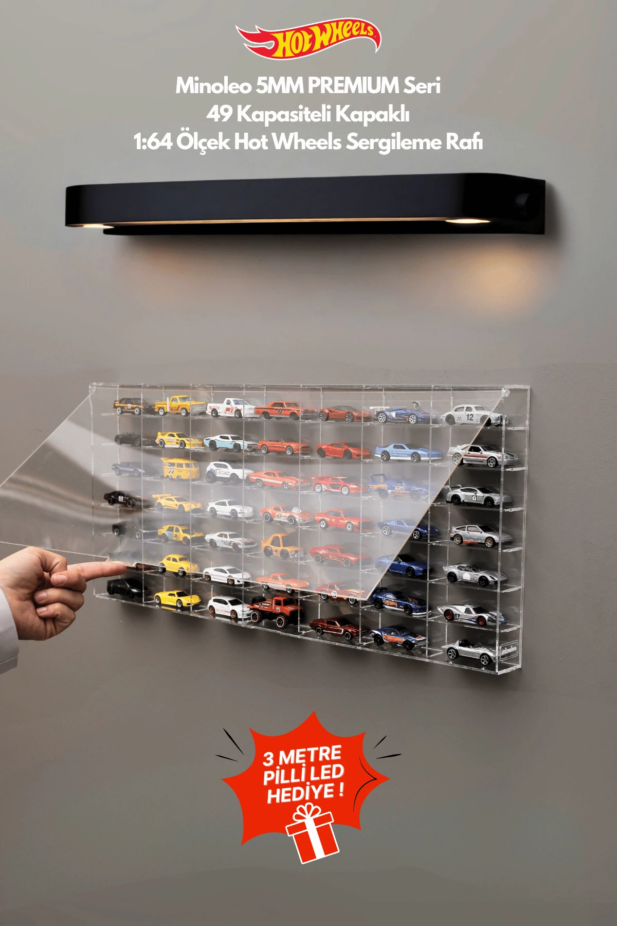 HOT WHEELS  PLEKSİ KAPAKLI DUVAR ARABA RAFI – MİNOLEO 49’LUK ORİJİNAL PREMIUM SERİ (5MM ÇERÇEVELİ) Led Hediyeli 