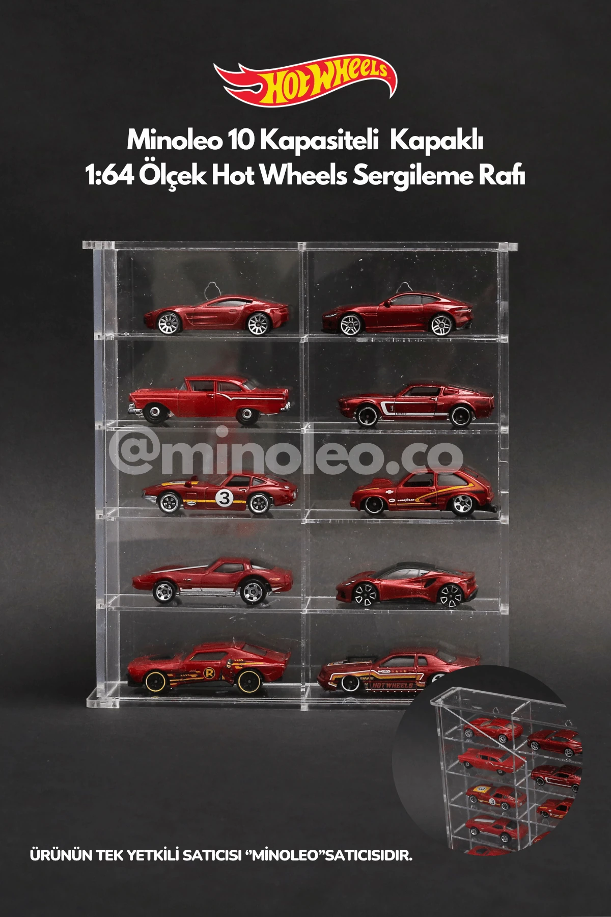 Minoleo 10’lu Hot Wheels Kapaklı Pleksi 1/64 Arabalar için Diecast Model Araç Sergileme Rafı