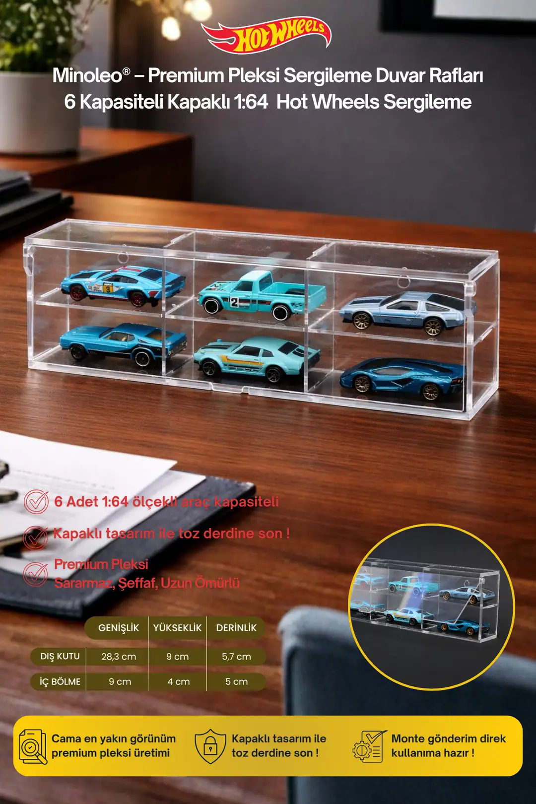 6’lı Kapaklı Pleksi Duvar Rafı – Hot Wheels 1/64 Uyumlu – Premium Sergileme Rafı