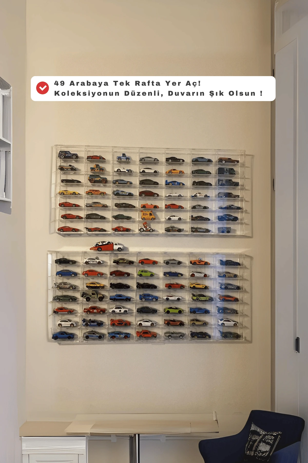 HOT WHEELS  PLEKSİ KAPAKLI DUVAR ARABA RAFI – MİNOLEO 49’LUK EKONOMİK MODEL (3MM ÇERÇEVELİ) + Led Hediyeli 