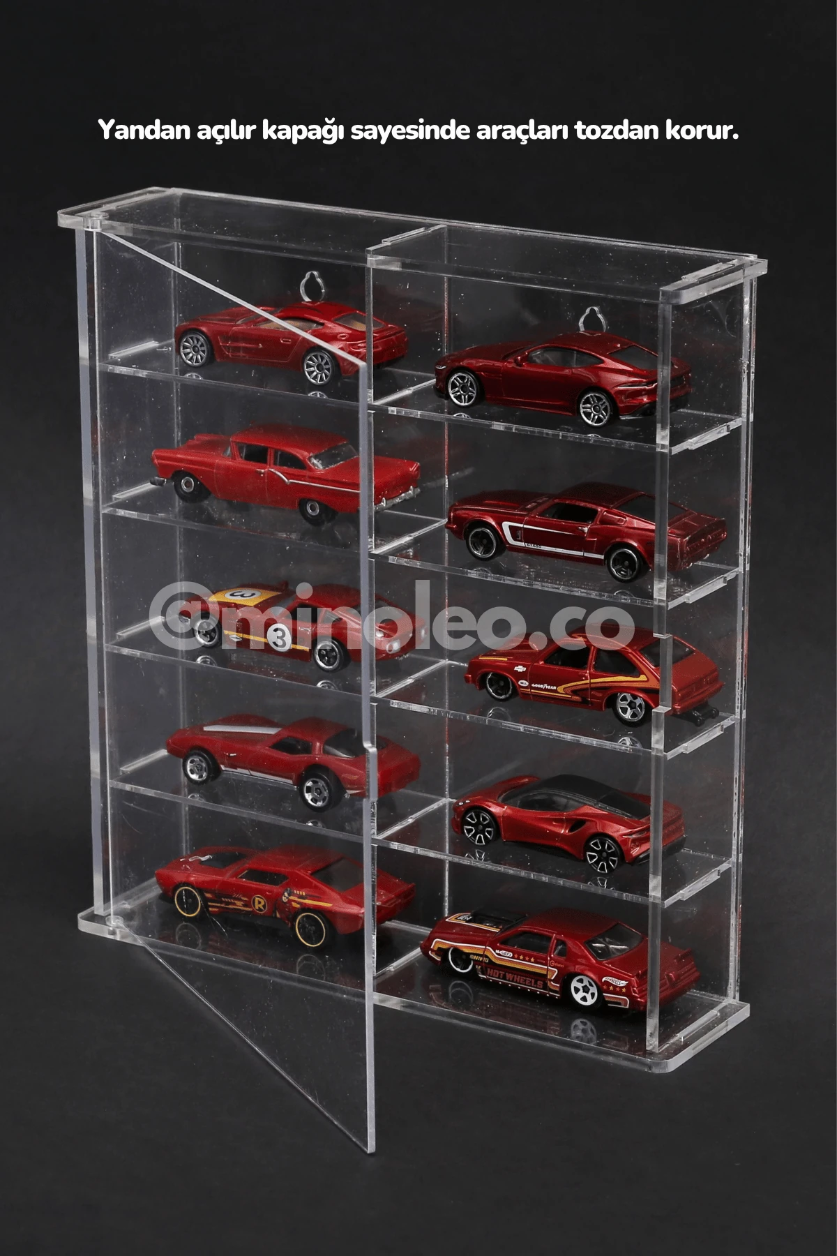 Minoleo 10’lu Hot Wheels Kapaklı Pleksi 1/64 Arabalar için Diecast Model Araç Sergileme Rafı