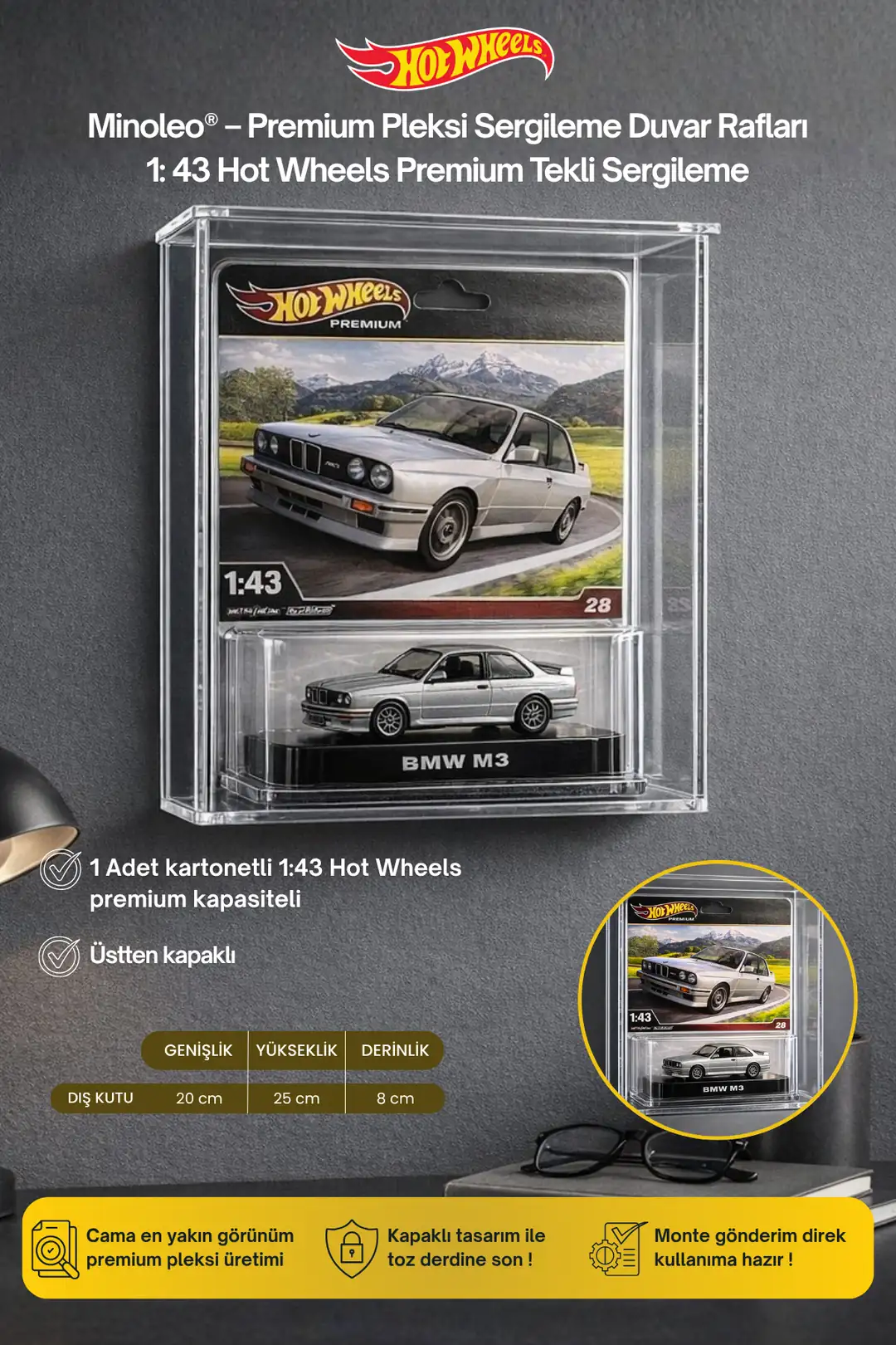 Tekli Kapaklı Pleksi Duvar Rafı – 1:43 Ölçek Uyumlu – Premium Sergileme Rafı