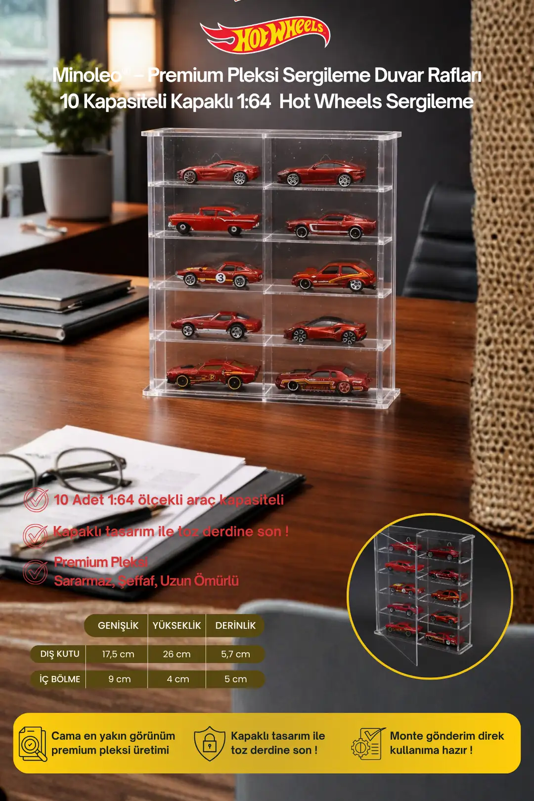 10’lu Kapaklı Pleksi Duvar Rafı – Hot Wheels 1/64 Uyumlu – Premium Sergileme Rafı