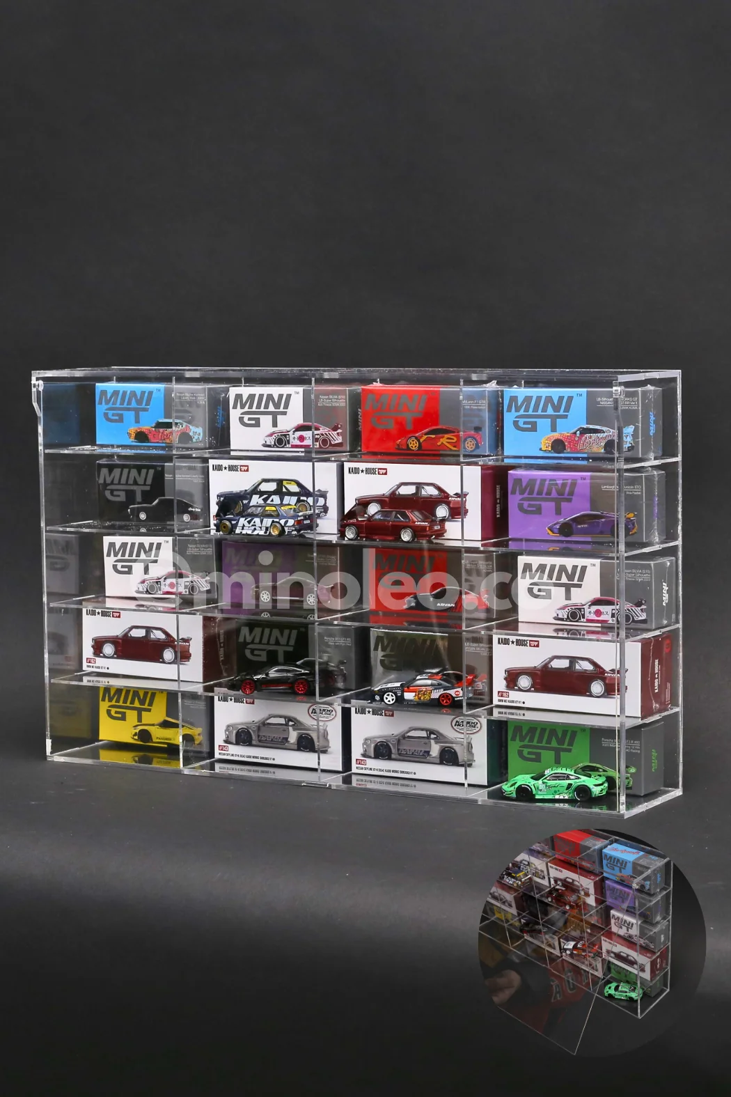 20 Kapasiteli MiniGT Ön Araç Koyulan Kapaklı Pleksi Rafı