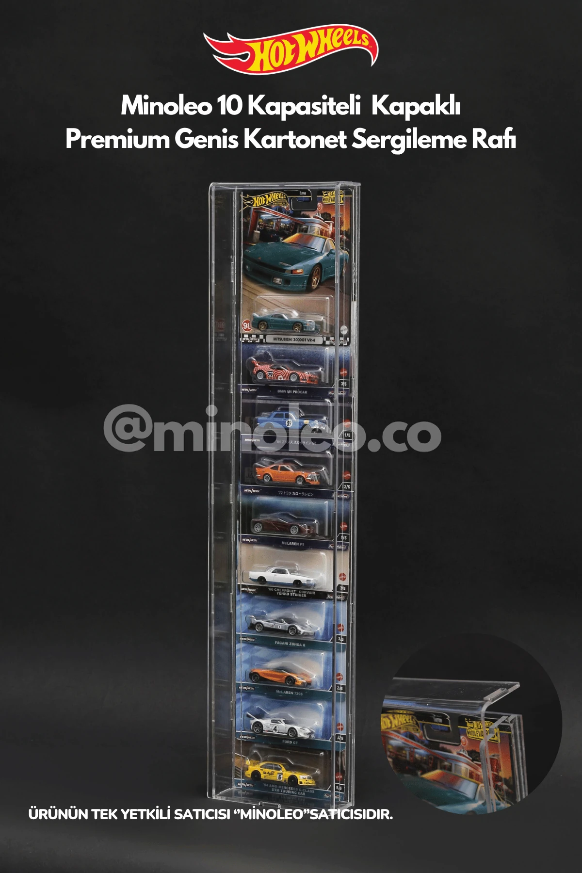 10’lu Kapaklı Pleksi Hot Wheels Premium Geniş Kartonet Dikey Araç Sergileme Duvar Rafı