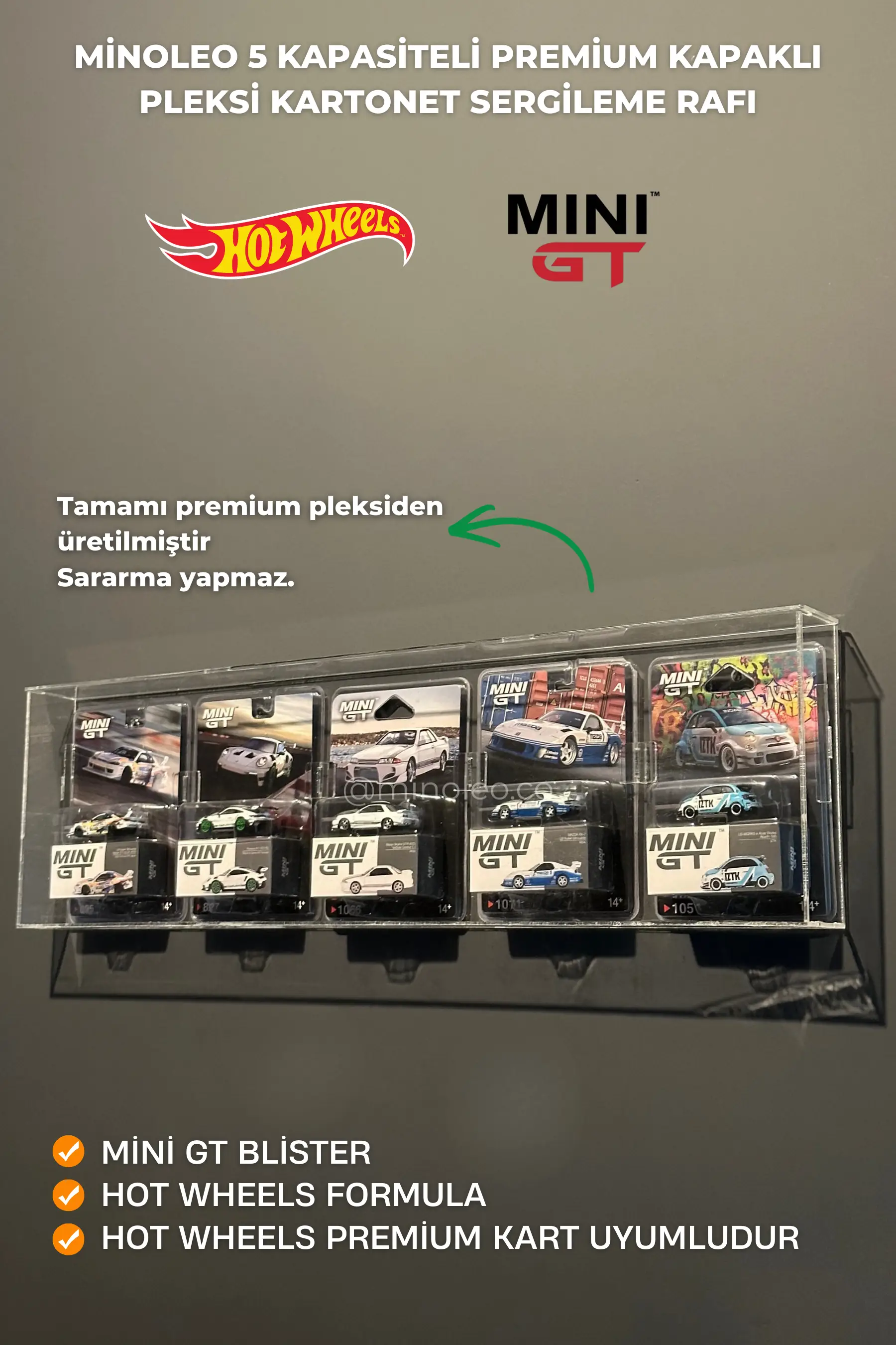 5 Kapasiteli MiniGT Bilister, Hot Wheels Premium ve Geniş Kart Uyumlu Kapaklı Pleksi Rafı