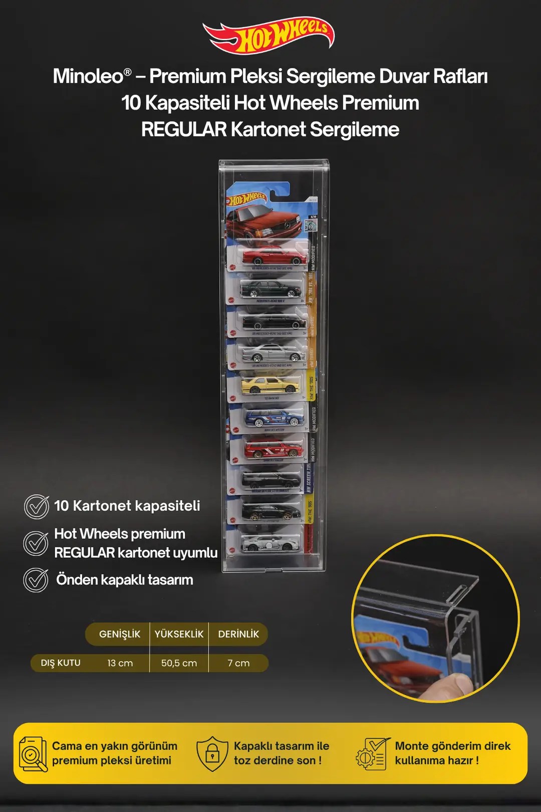 10’lu Kapaklı Pleksi Duvar Rafı – Hot Wheels Regular Kartonetli Uyumlu – Premium Sergileme Rafı