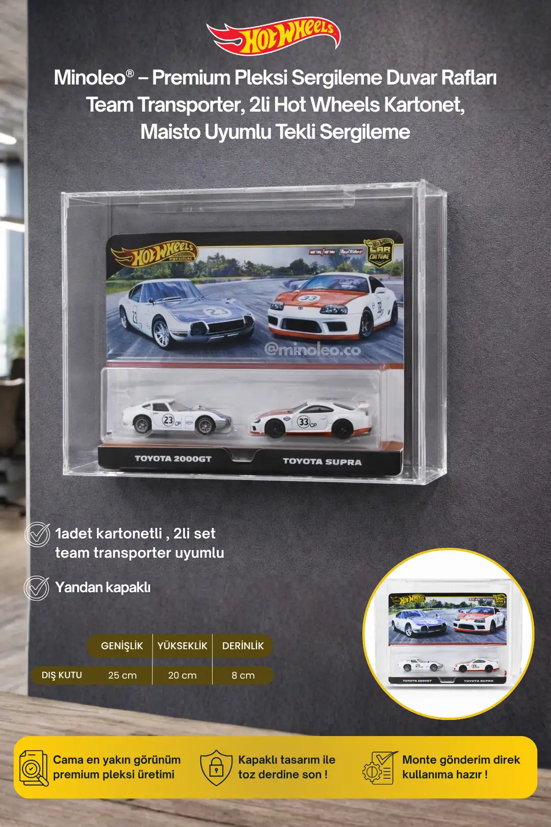2’li Kapaklı Pleksi Duvar Rafı – Team Transporter & Maisto Uyumlu – Premium Sergileme Rafı