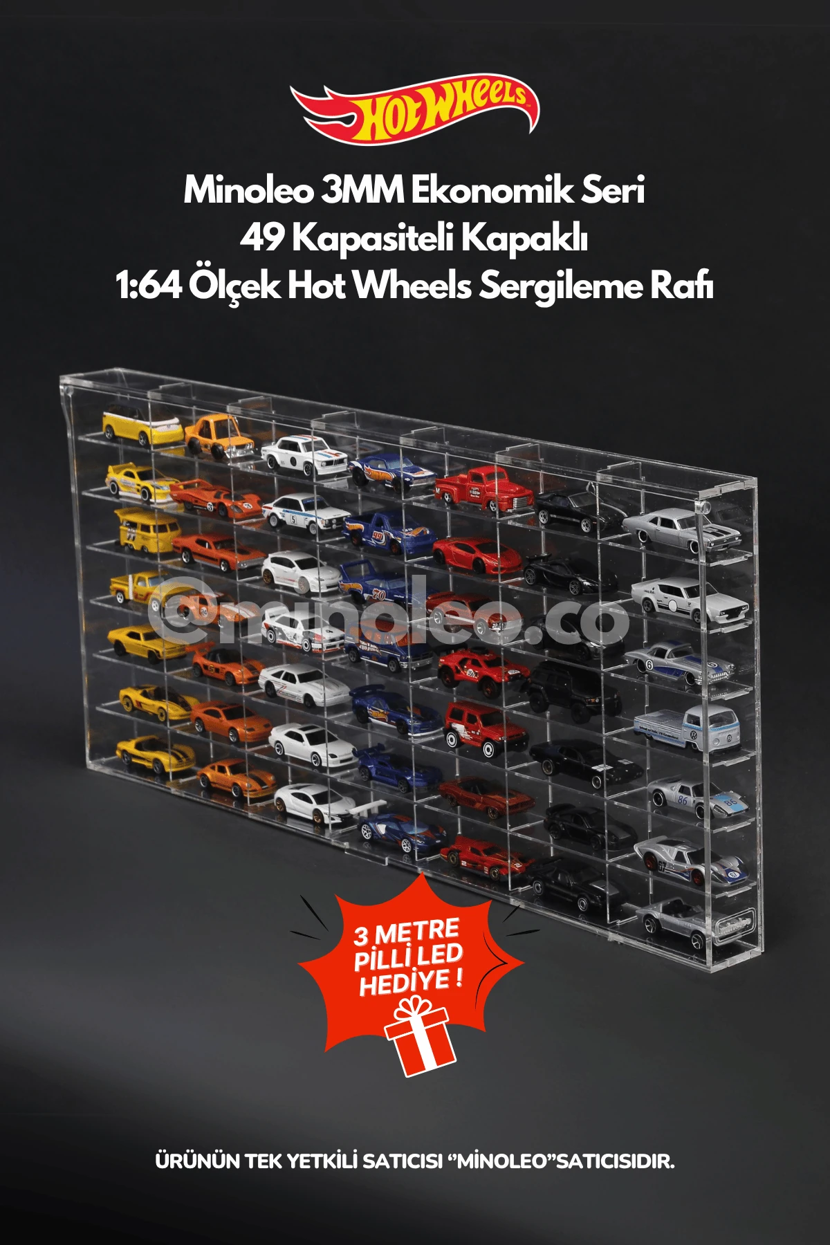 HOT WHEELS  PLEKSİ KAPAKLI DUVAR ARABA RAFI – MİNOLEO 49’LUK EKONOMİK MODEL (3MM ÇERÇEVELİ) + Led Hediyeli 