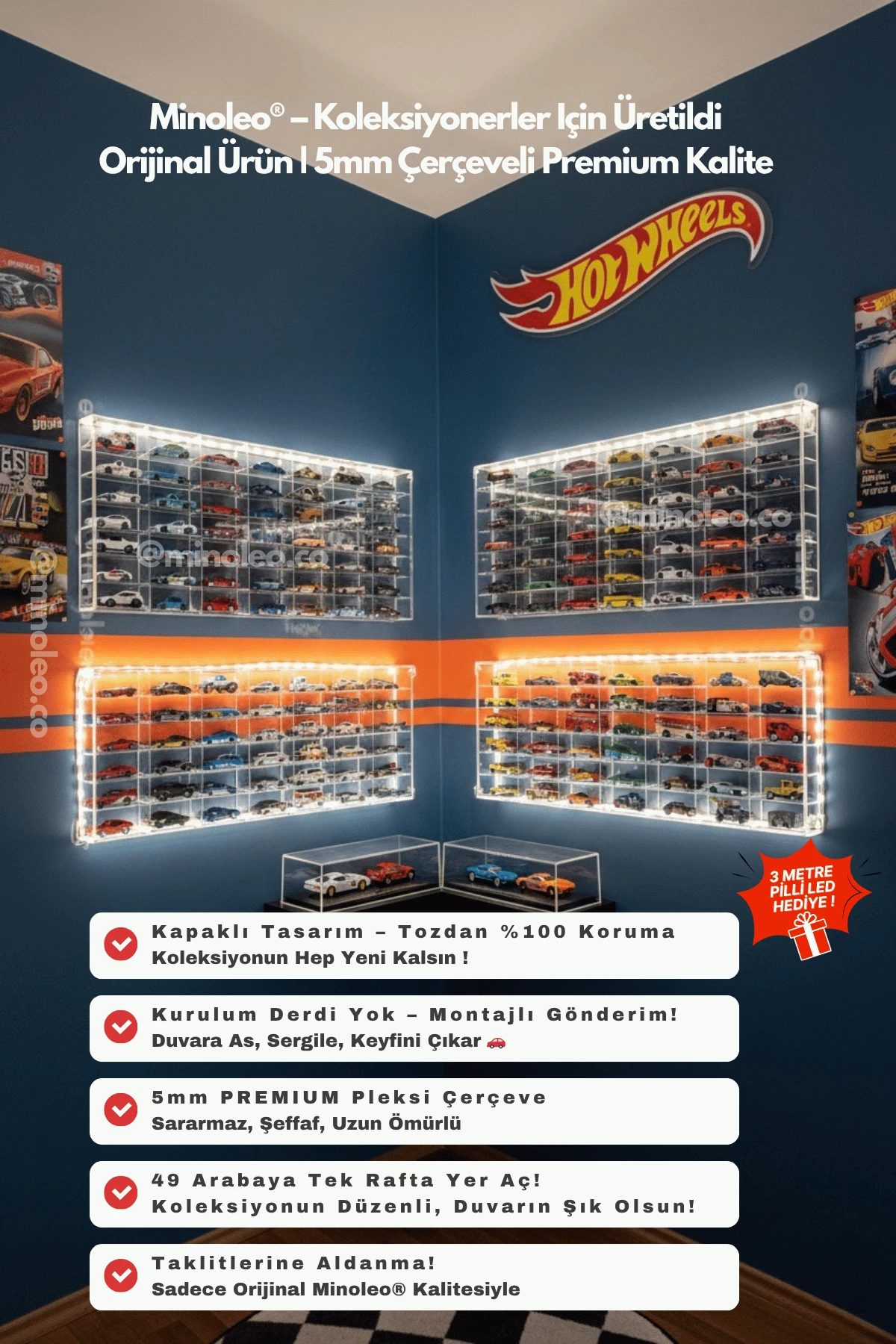 HOT WHEELS  PLEKSİ KAPAKLI DUVAR ARABA RAFI – MİNOLEO 49’LUK EKONOMİK MODEL (3MM ÇERÇEVELİ) + Led Hediyeli 
