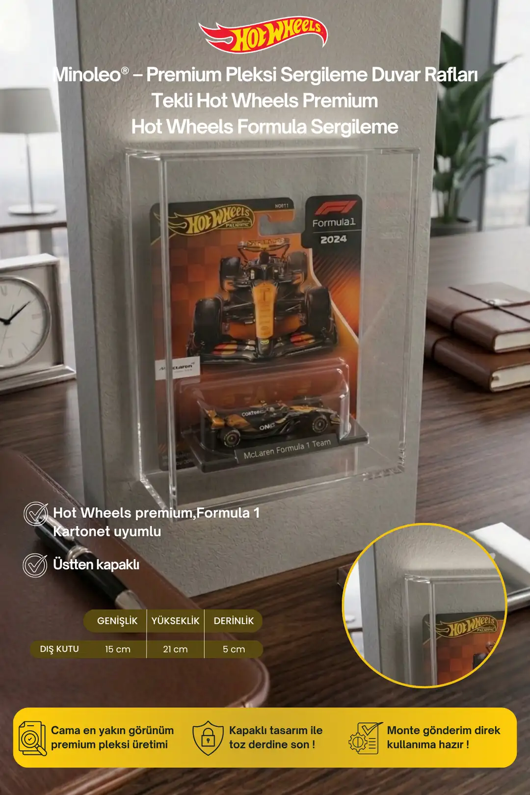 Tekli Kapaklı Pleksi Duvar Rafı – Hot Wheels Premium Formula Uyumlu – Premium Sergileme Rafı