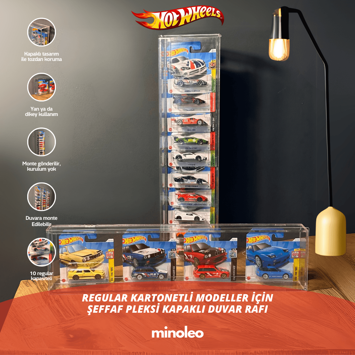 10’lu Kapaklı Pleksi Hot Wheels Diecast Araba Kartonetleri İle Dikey Araç Sergileme Rafı